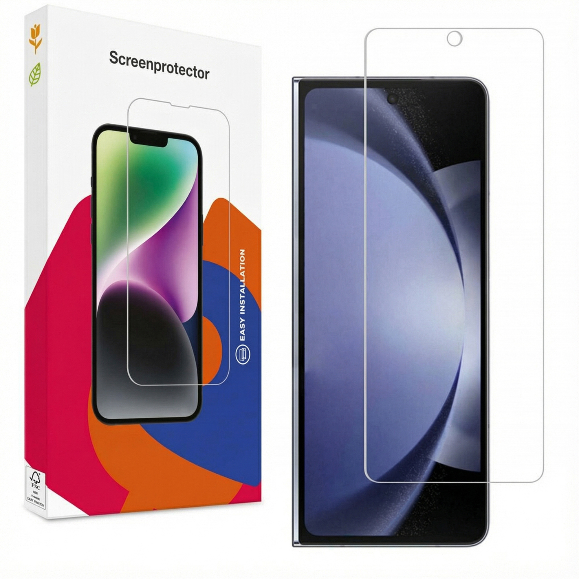 Een telefoon screenprotector doos en een telefoon met een protector aangebracht, met eenvoudige installatie.