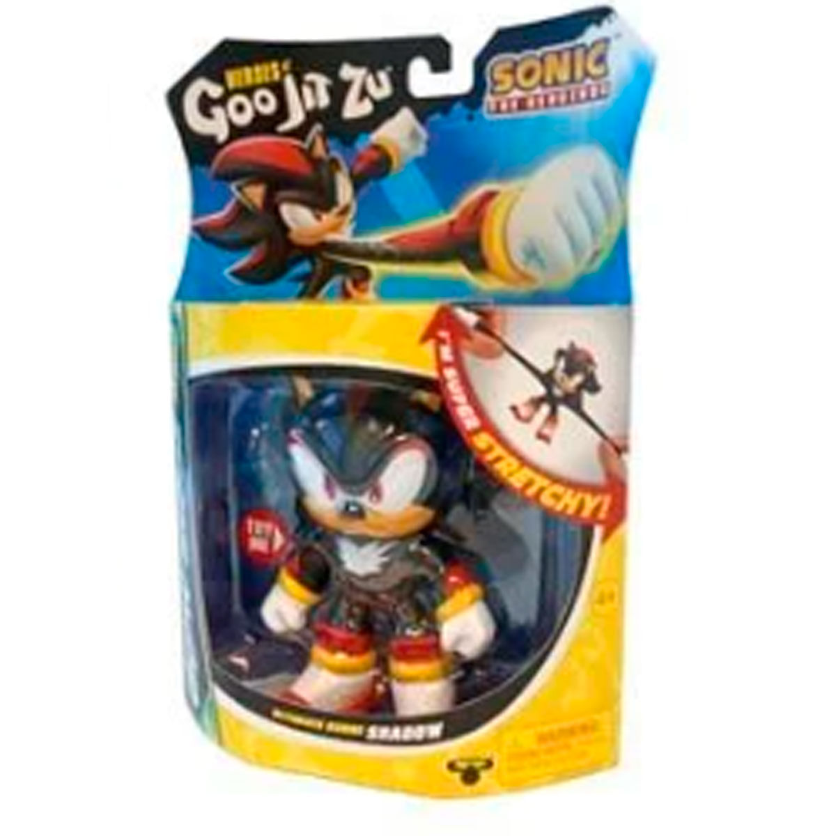 Una figura de acción de Shadow the Hedgehog en su embalaje. La figura es negra, roja y blanca. El embalaje dice Goo Jit Zu y Sonic.