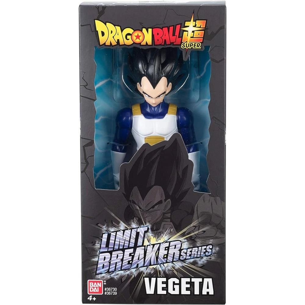 Una figura de acción de Vegeta de Dragon Ball Super en una caja. Es un juguete de la serie Limit Breaker. Vegeta tiene pelo negro puntiagudo y armadura azul y blanca.