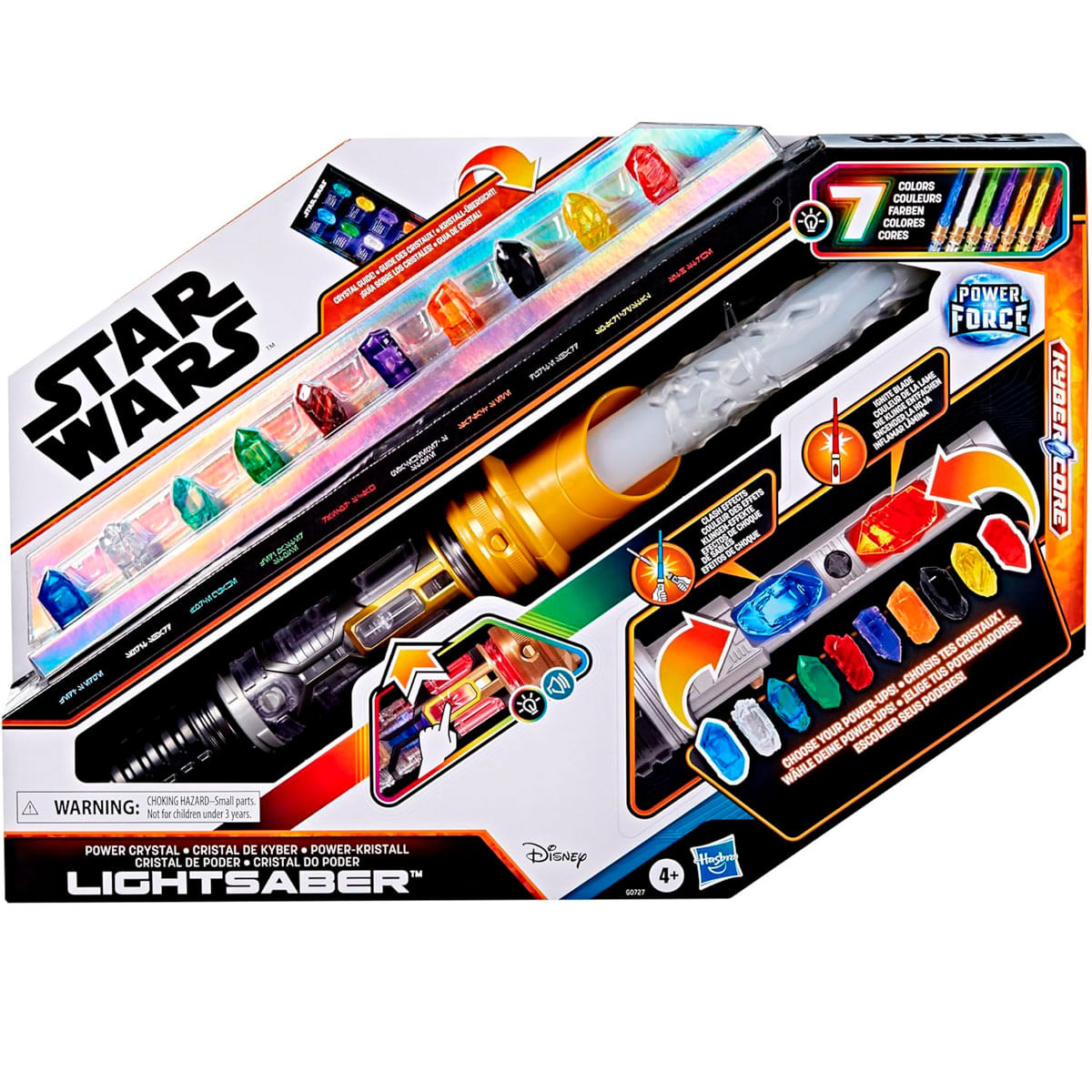 Una caja de juguetes de Star Wars Lightsaber. Presenta un sable de luz, cristales y texto. La caja es blanca con detalles coloridos.