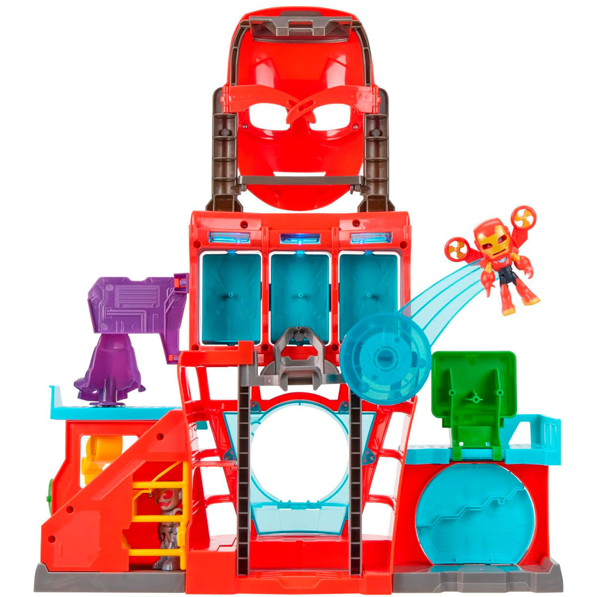 Un juego de Iron Man rojo con una figura lanzándose. Incluye una cara grande, múltiples niveles y varias características de acción.