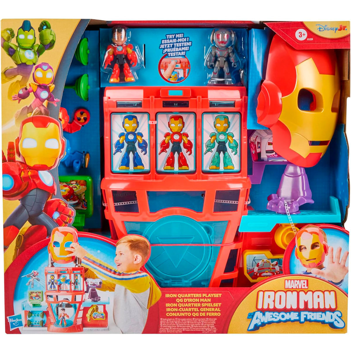 Set de juego de Iron Man con figuras, un niño sosteniendo una máscara y las palabras 'Iron Man Awesome Friends'.