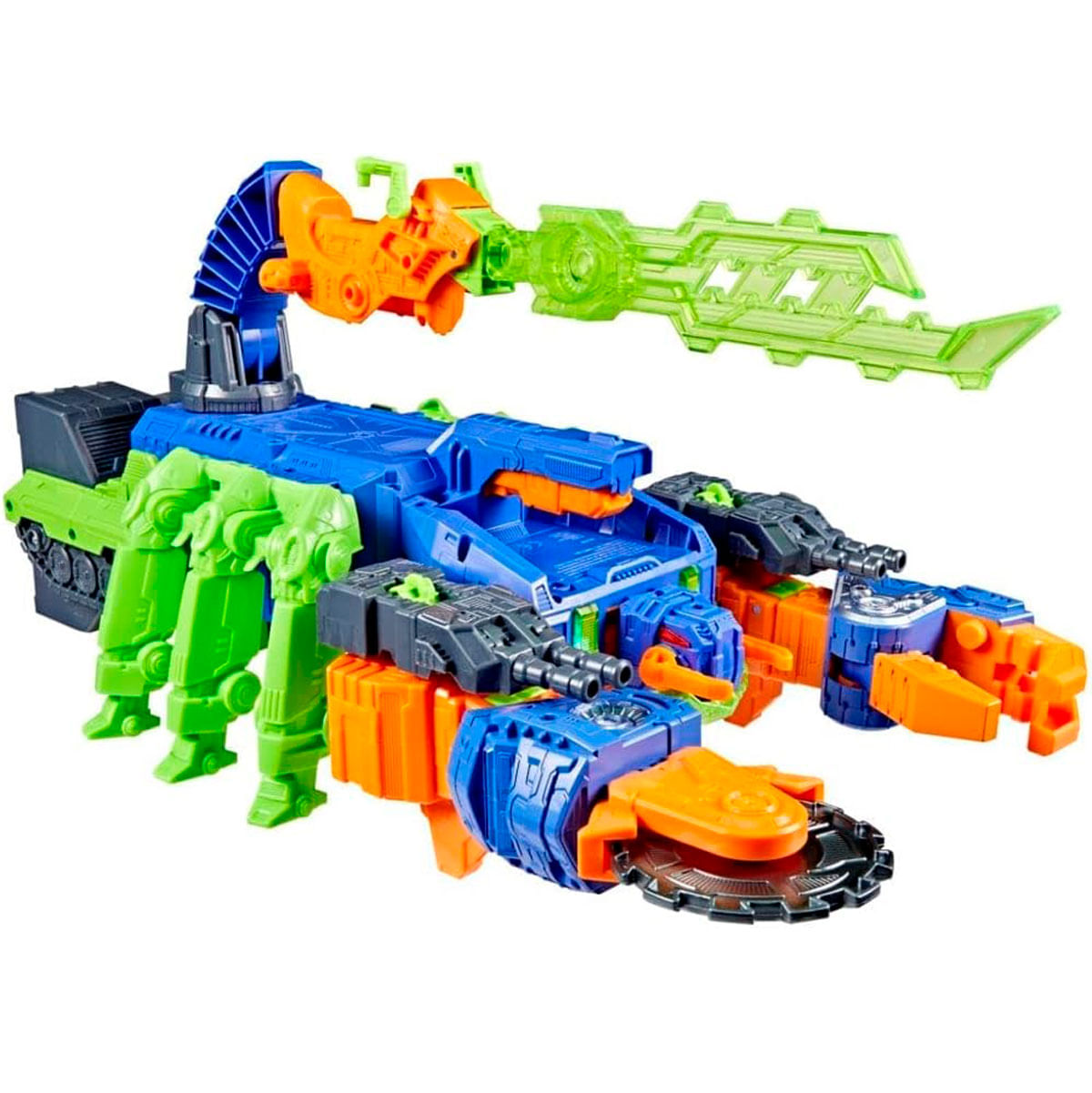 Ein farbenfroher Spielzeugroboter, der einem Skorpion ähnelt. Er hat blaue, orange, grüne und schwarze Komponenten und eine durchsichtige grüne Klinge.