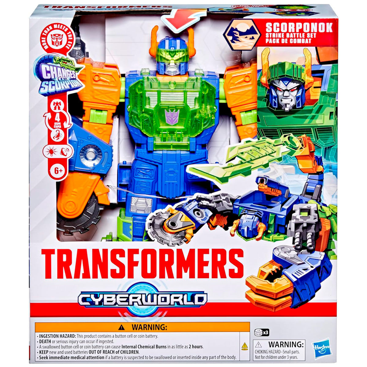 Eine Transformers Cyberworld Spielzeugbox. Sie zeigt einen Roboter in Blau, Orange und Grün. Text enthält 'Scorponok' und Warnhinweise.