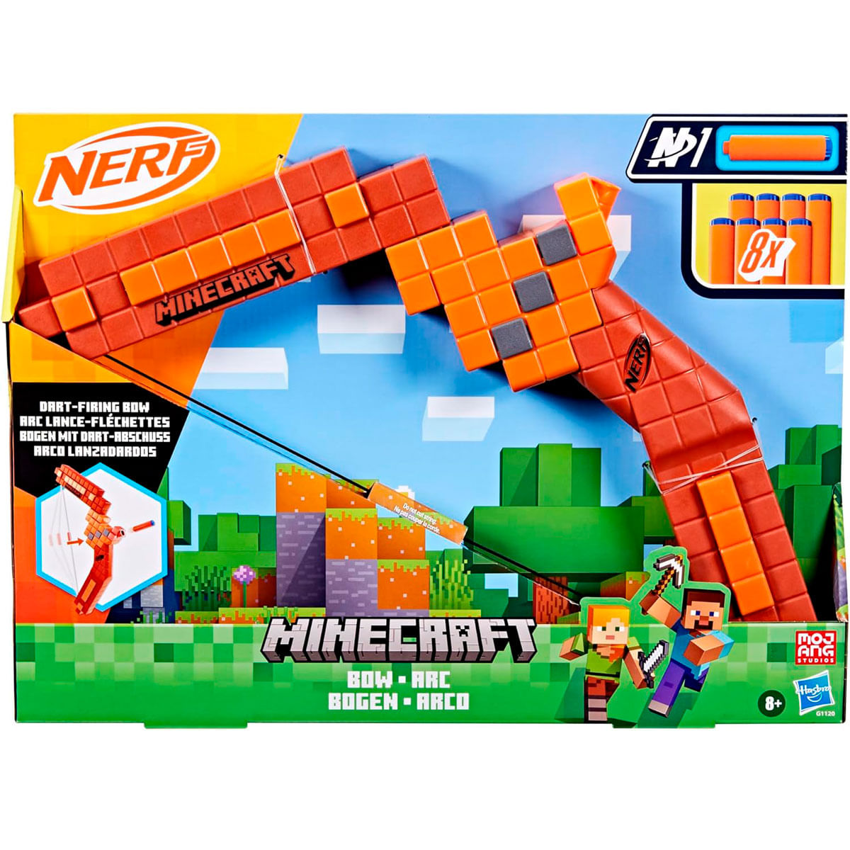 Juguete de arco Nerf Minecraft en una caja. La caja tiene personajes y el logotipo de Minecraft. El arco es naranja y el fondo es azul.