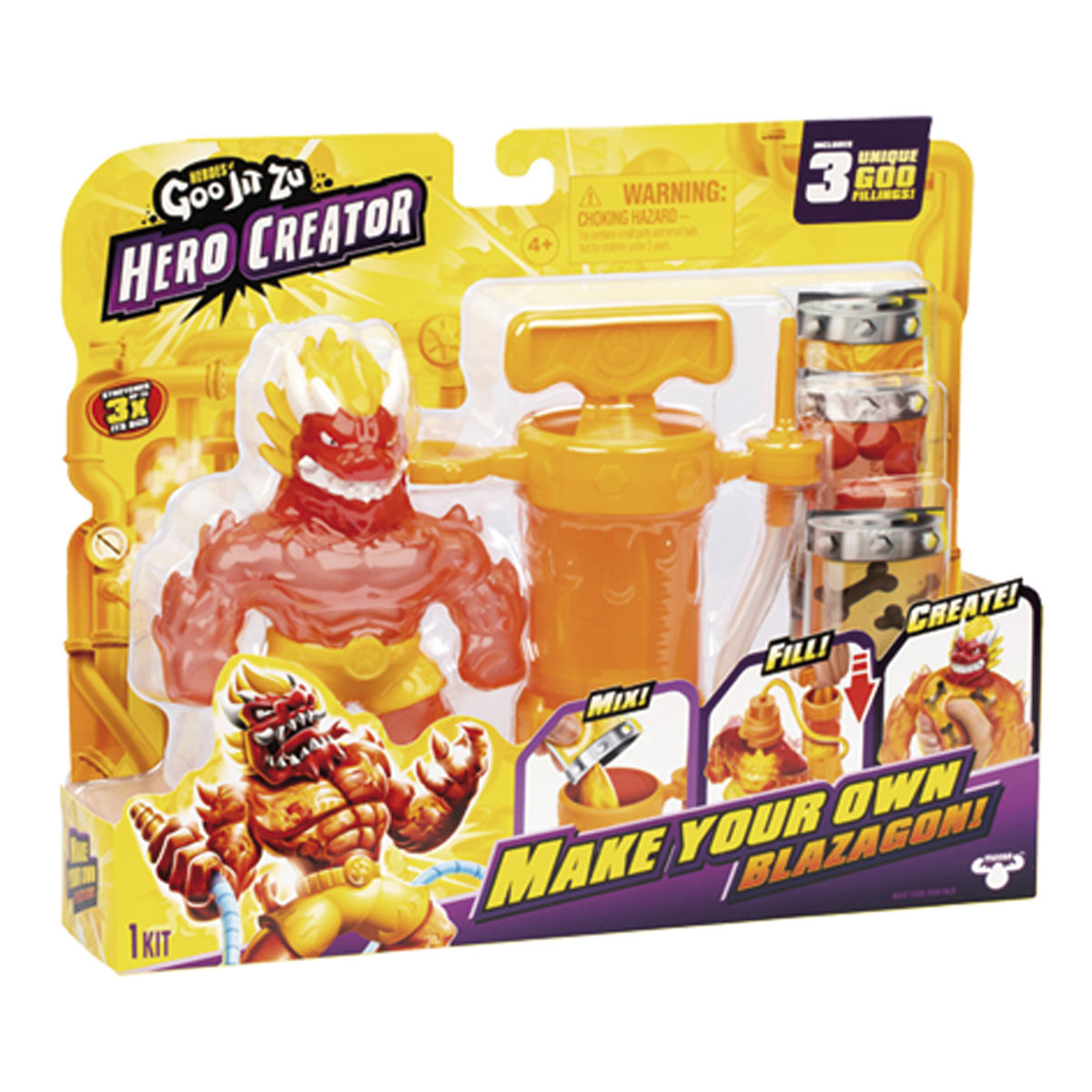 Un juego de juguetes con una figura de monstruo rojo y amarillo, una bomba y recipientes. El embalaje dice 'Hero Creator' y 'Make Your Own Blazagon'.