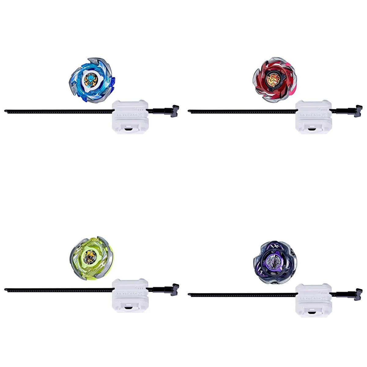 Cuatro peonzas coloridas con lanzadores. Cada peonza tiene un esquema de color y diseño diferente.