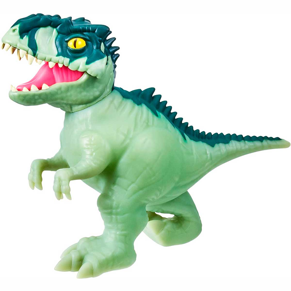 Un dinosaurio de juguete verde con la boca muy abierta que muestra la lengua rosa y los dientes blancos. Tiene una cabeza azul y verde.