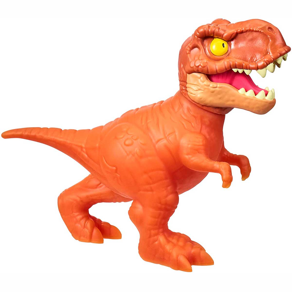 Un juguete de Tiranosaurio Rex naranja con la boca abierta, ojo amarillo y dientes blancos, sobre fondo blanco.