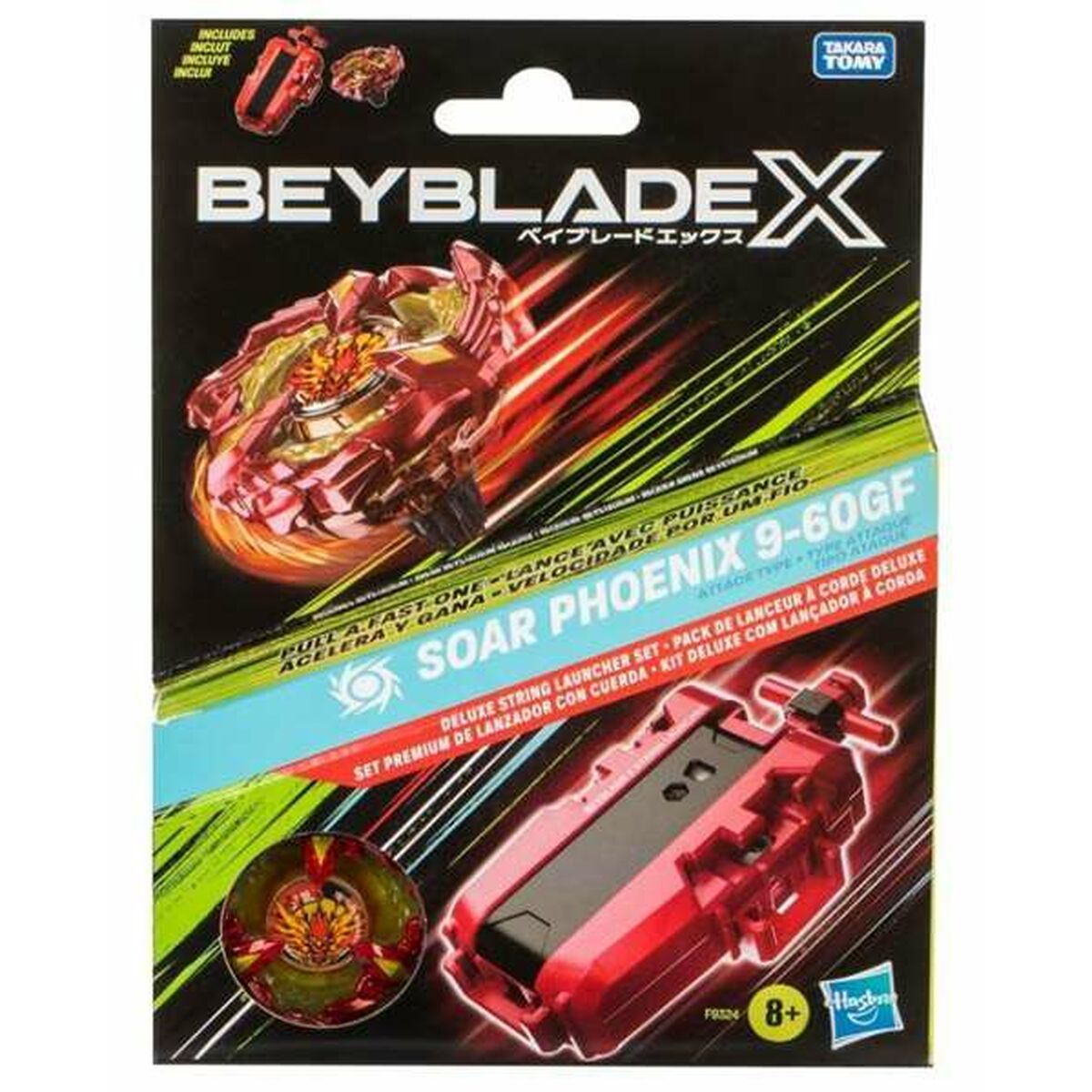 Una caja de Beyblade X. Muestra un Beyblade rojo y dorado y un lanzador rojo. El texto incluye 'Soar Phoenix' y '8+'.