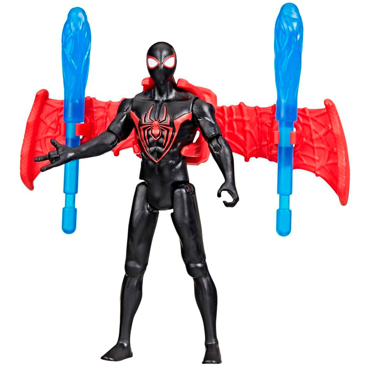Una figura de acción negra de Spider-Man con detalles rojos, alas y explosiones de energía azules.