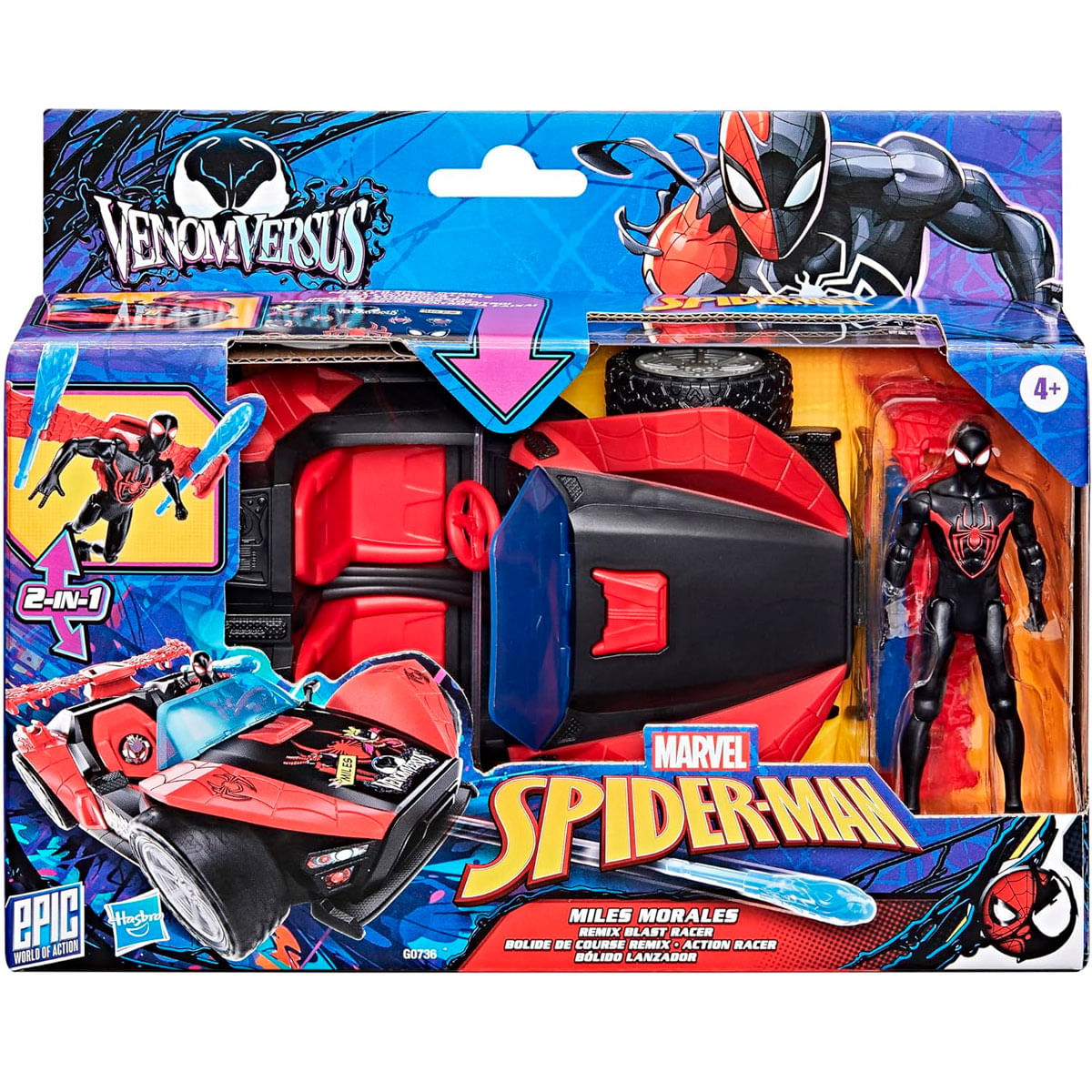 Un juego de juguetes de Spider-Man. Incluye un coche negro y rojo, una figura de Miles Morales y embalaje con gráficos y texto de Spider-Man.