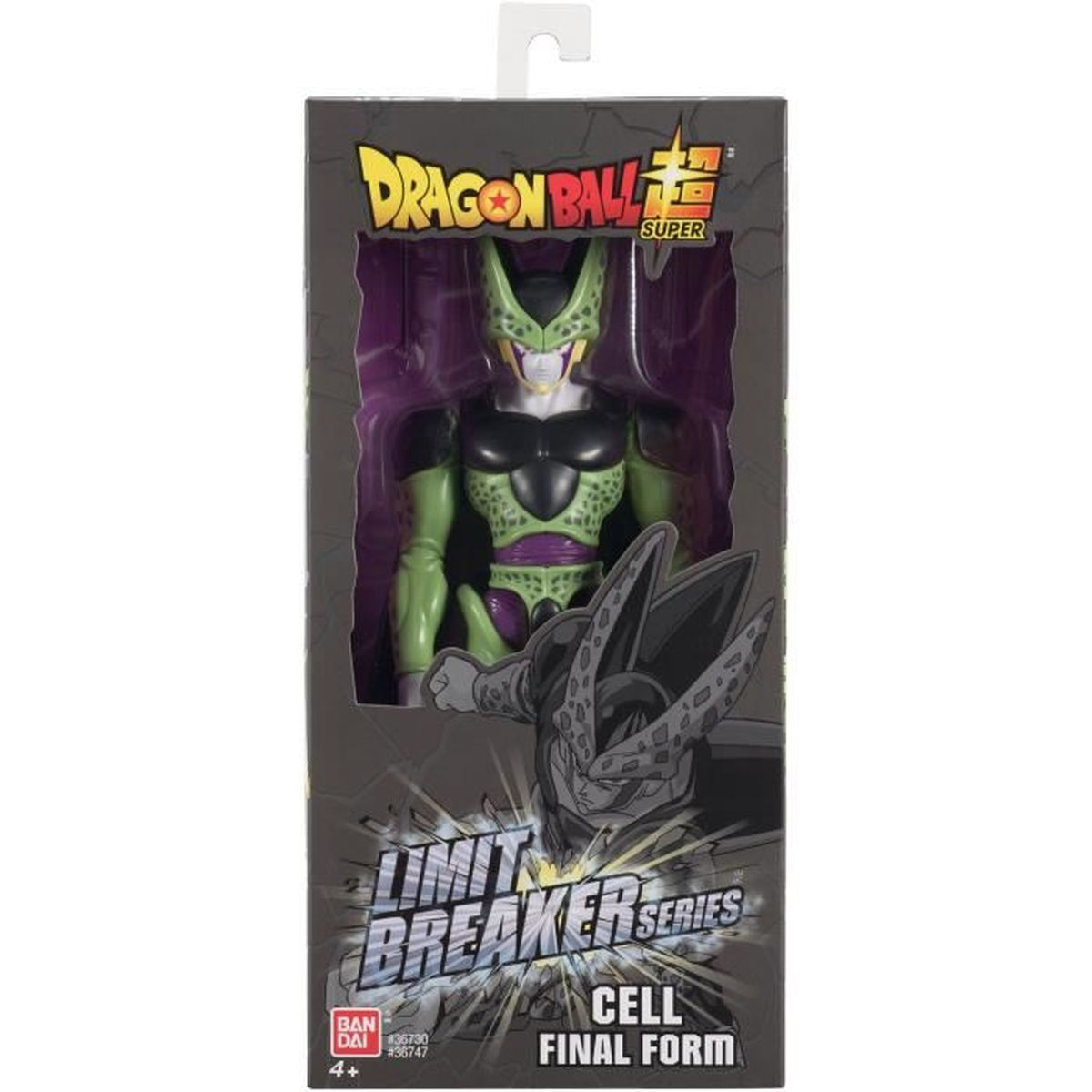 Una figura de acción de Dragon Ball Super de Cell Forma Final en una caja. Es verde con armadura negra y cintura morada.