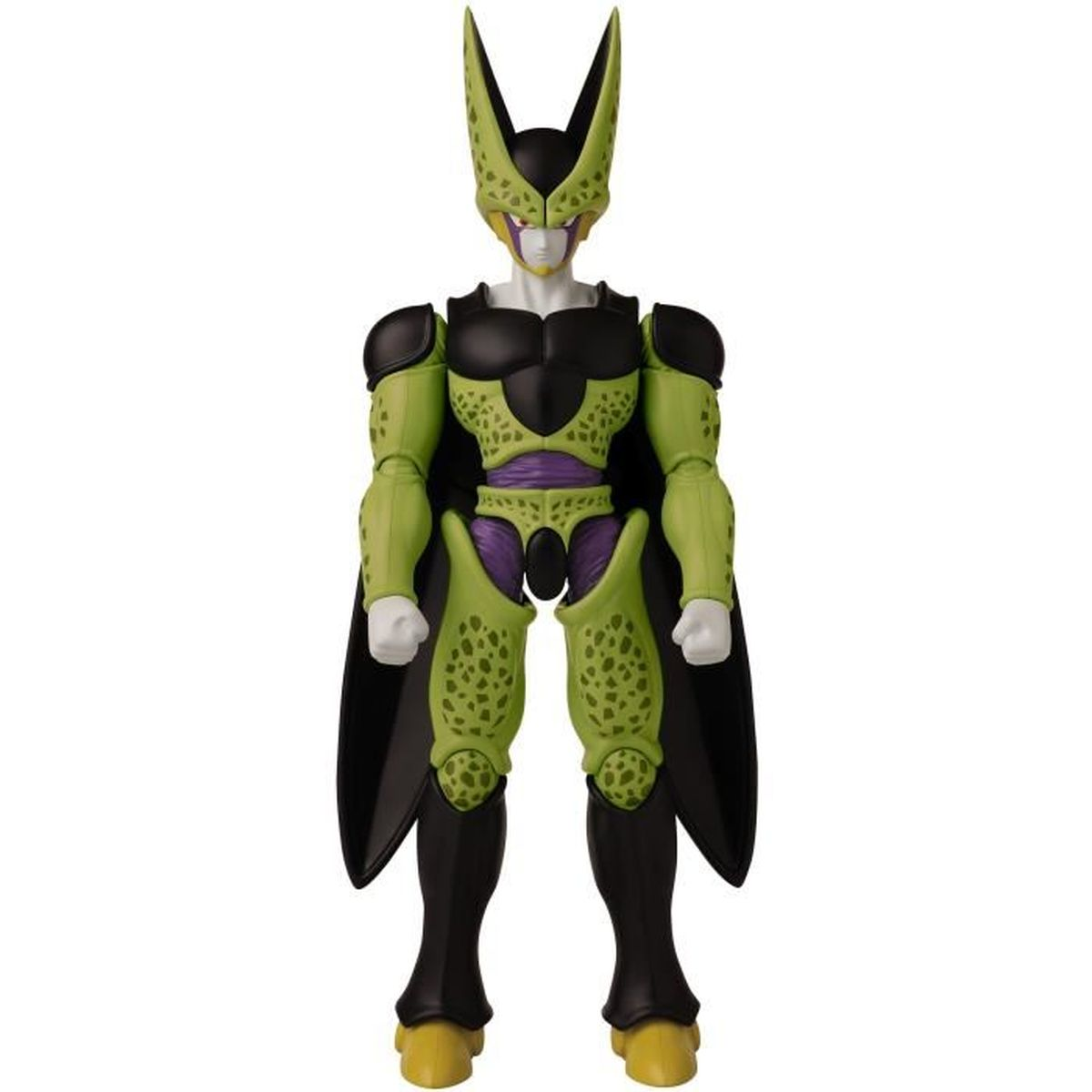 Una figura de acción de Cell está de pie, verde y negro, con una sección media púrpura. Tiene cuernos grandes en la cabeza y una capa negra.