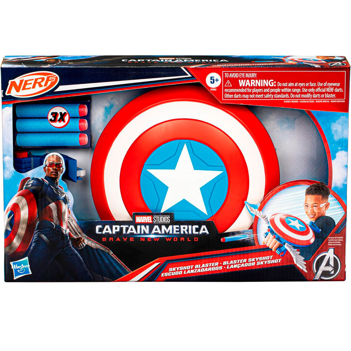 Un set de juguetes Nerf de Capitán América. Presenta un escudo, dardos y un blaster. La caja muestra a Capitán América y un niño.