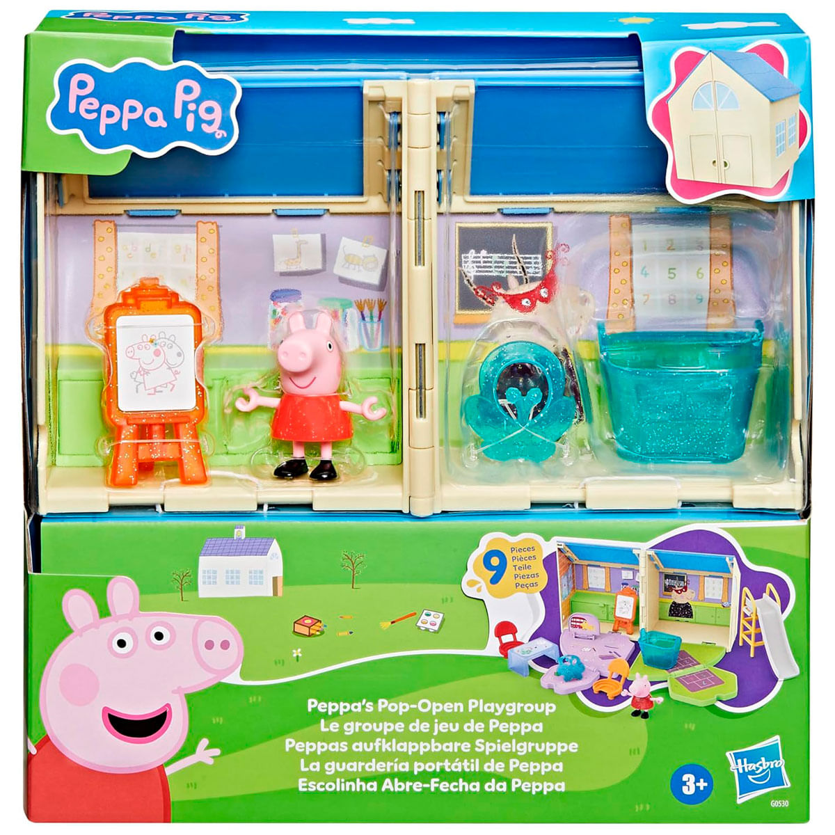 Juego de Peppa Pig. Incluye figura de Peppa, caballete, cubo y casa. La caja incluye una escena de parque infantil. Colores: rosa, naranja y azul.