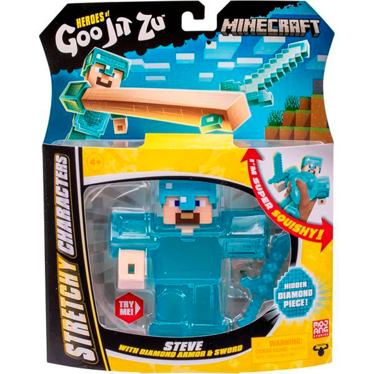 Una figura de acción de Minecraft Steve en un paquete. Tiene armadura y espada de diamante. El paquete tiene "Heroes of Goo Jit Zu" y "Minecraft".