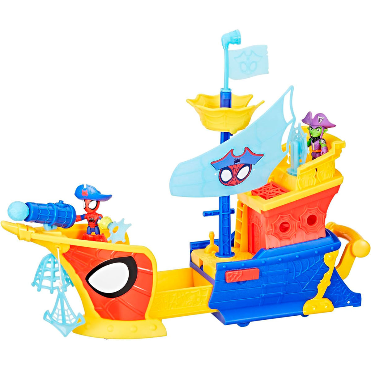 Un juguete de barco pirata de Spider-Man. Tiene una vela azul con el logo de Spider-Man, un cañón y dos figuras a bordo.