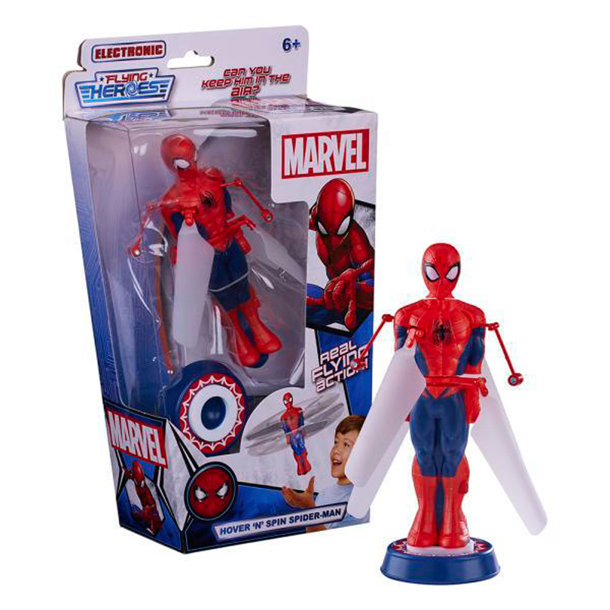 Se exhibe un juguete de Spider-Man, con una caja que muestra el juguete en acción. El juguete es rojo y azul, con alas y una base.
