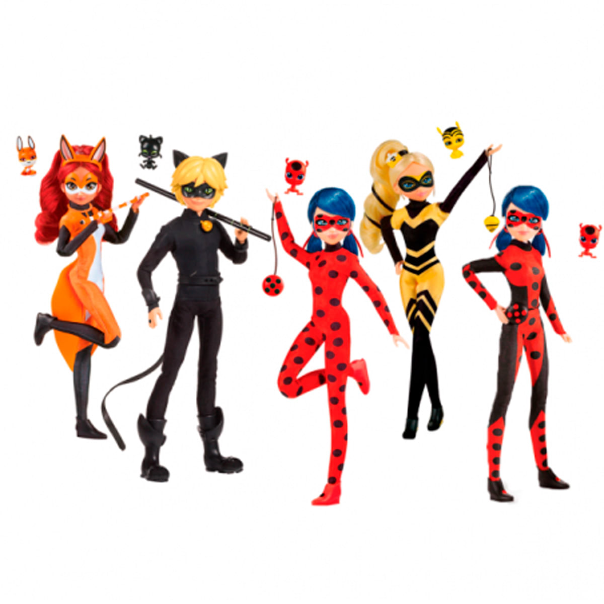 Muñecas de personajes de Miraculous: un zorro, un gato, dos mariquitas y una abeja. Cada uno tiene un diseño y esquema de color únicos. Están de pie.