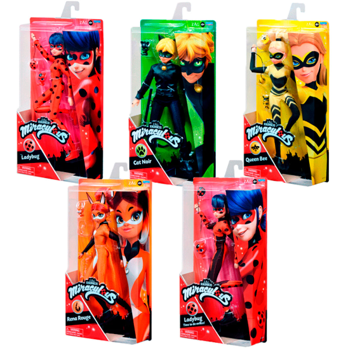 Cinco figuras de acción de Miraculous Ladybug en cajas. Los personajes incluyen a Ladybug, Cat Noir, Queen Bee, Rena Rouge y otra Ladybug.
