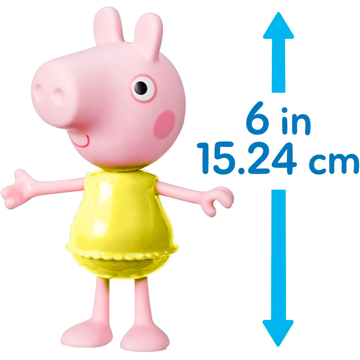 Un juguete de Peppa Pig de pie, rosa con un vestido amarillo. Una flecha azul muestra su altura: 6 pulgadas, 15,24 cm.