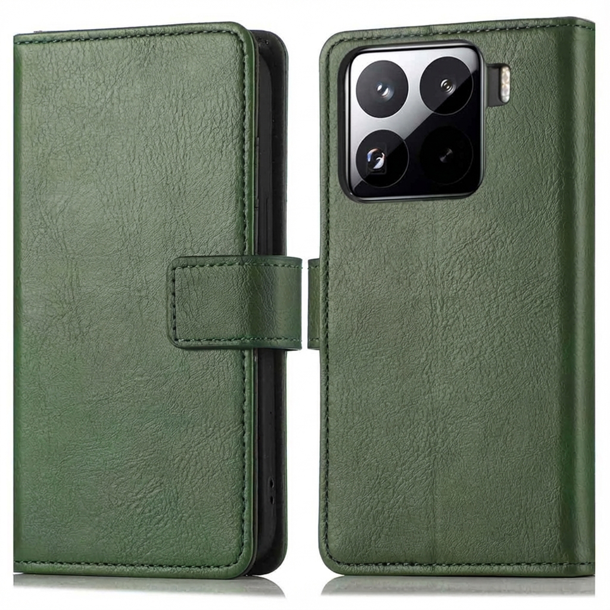 Groene leren telefoonhoes open. De rechterkant toont de camera van de telefoon, de linkerkant de hoes.
