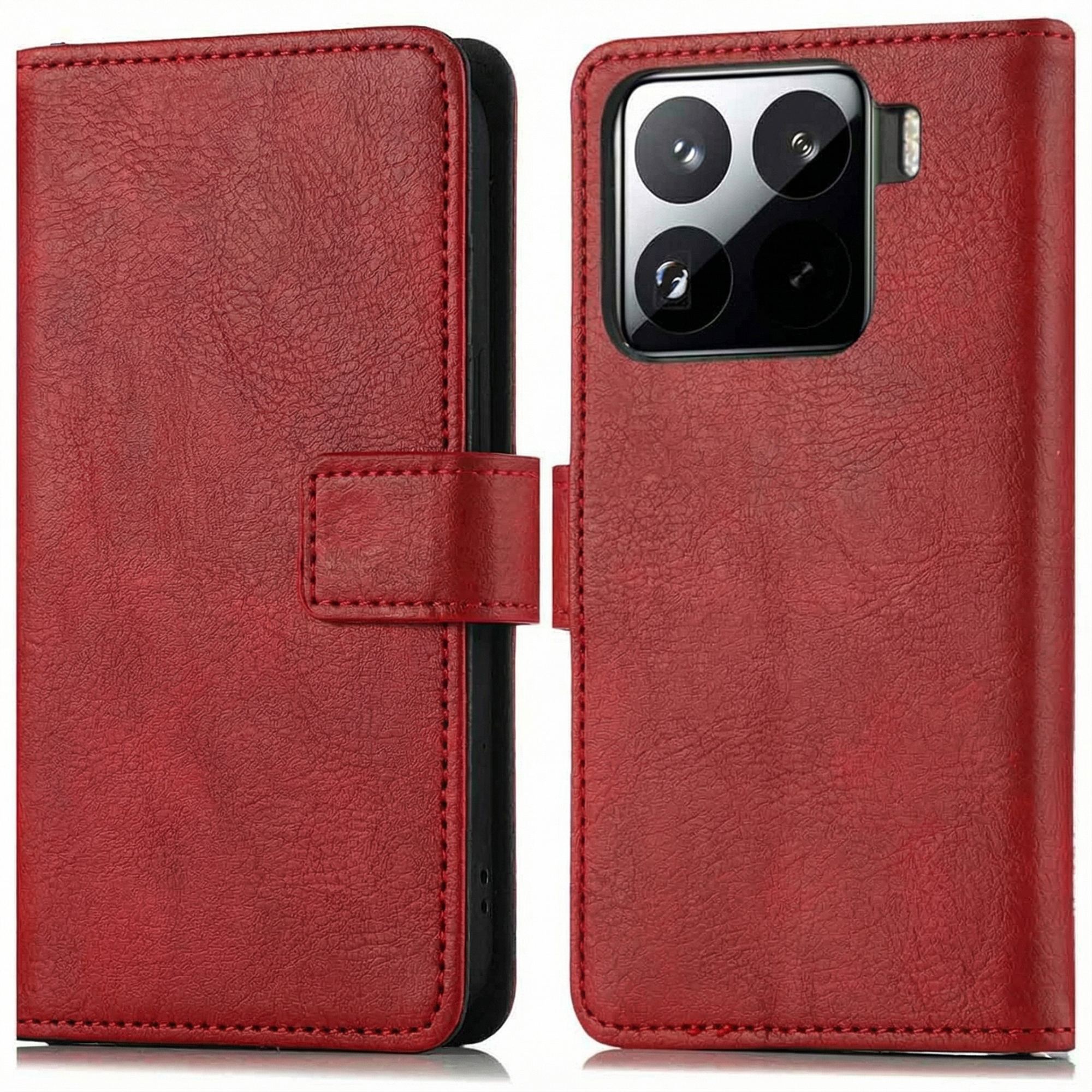 Étui de téléphone en cuir rouge ouvert. Le téléphone est visible à droite. L'étui a un fermoir.