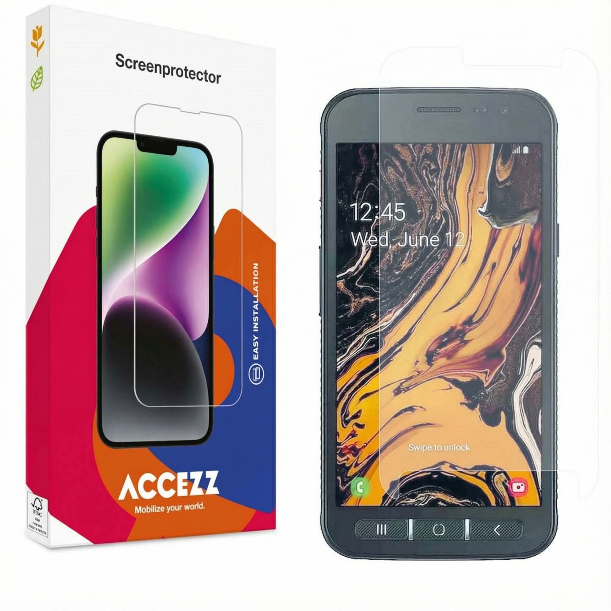 L'image montre un protecteur d'écran de téléphone à côté d'un téléphone. Le téléphone affiche l'heure et un arrière-plan coloré.