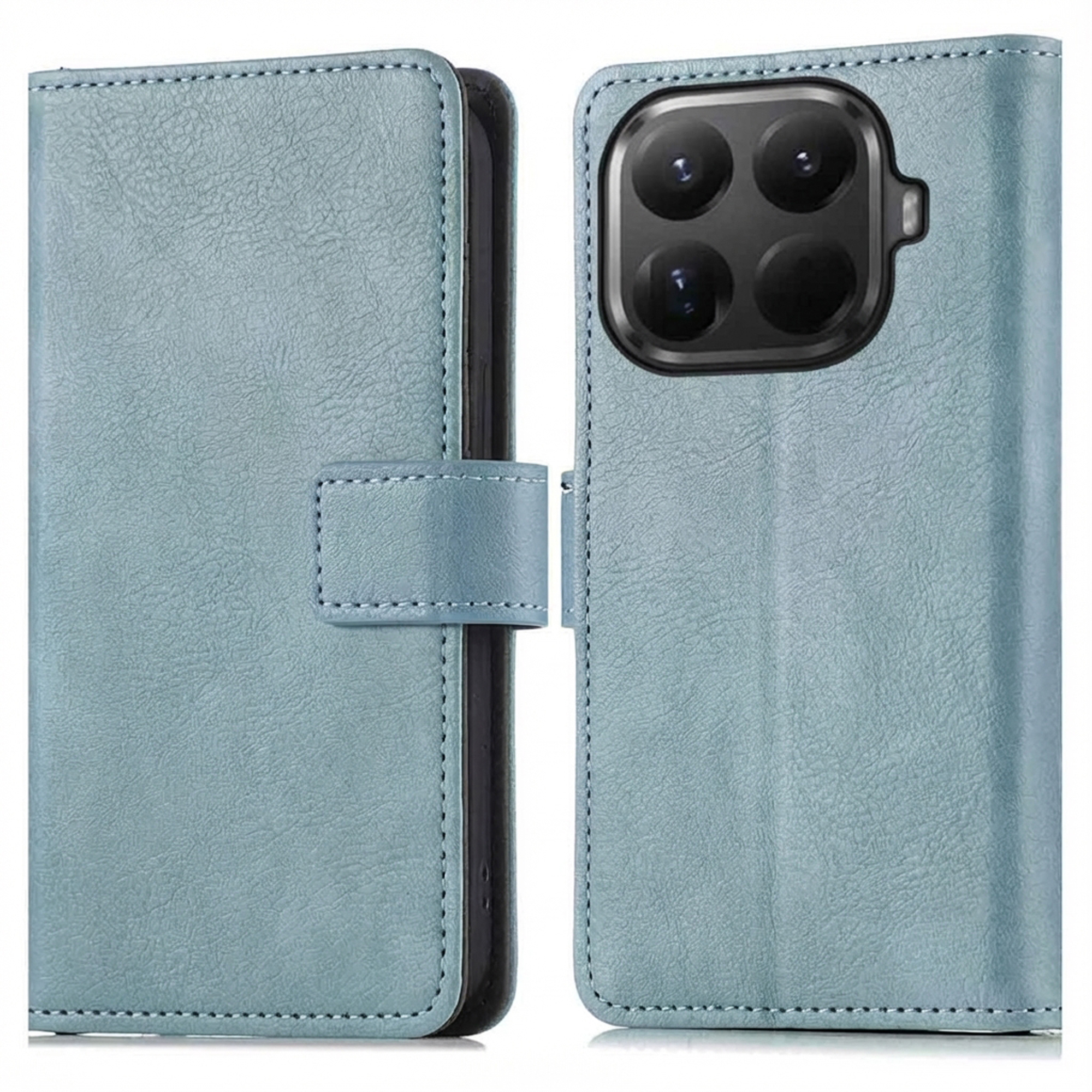 Un étui de téléphone en cuir bleu clair avec fermeture magnétique est ouvert, montrant les lentilles de l'appareil photo du téléphone.