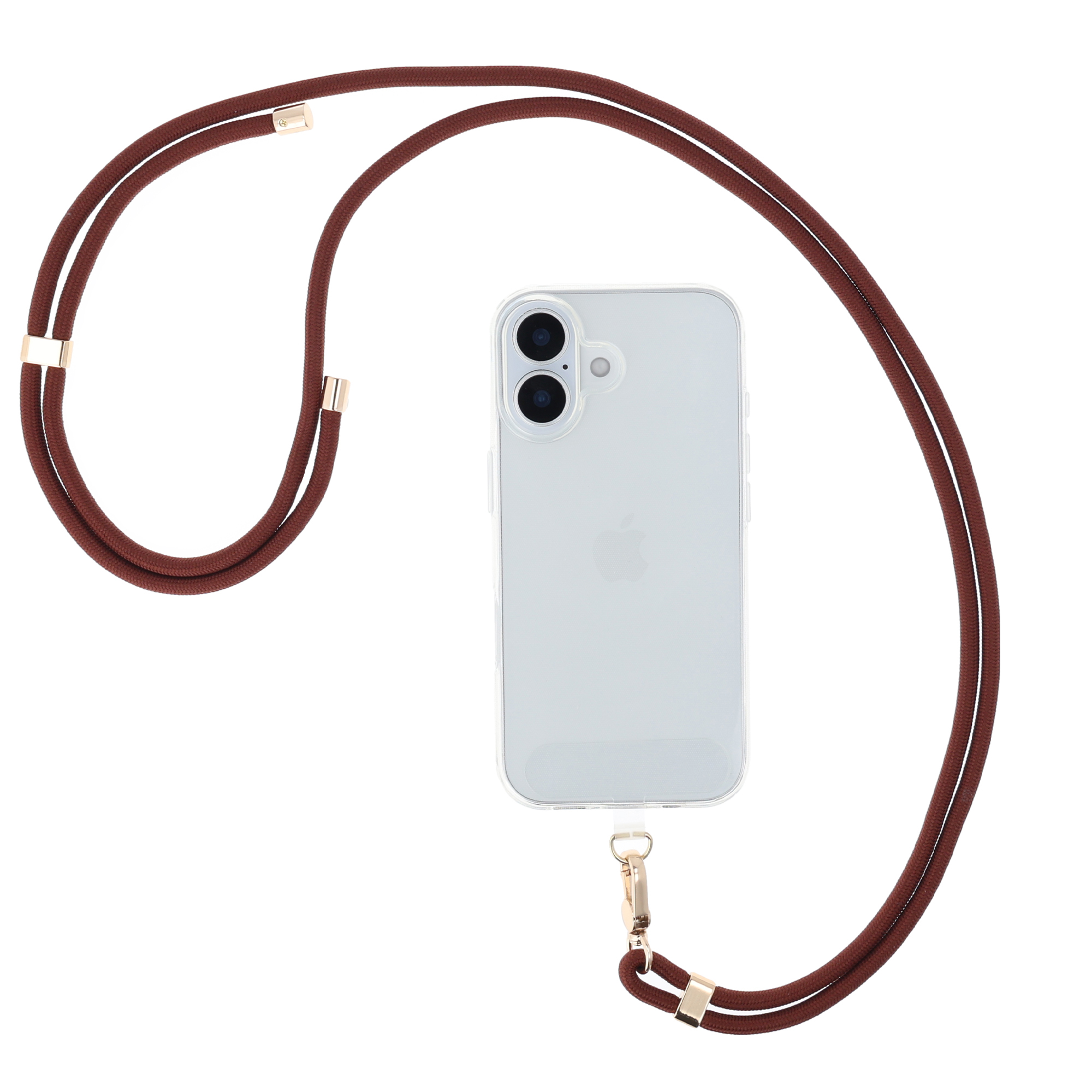 Een doorzichtige iPhone met bruin koord, gouden hardware en witte achtergrond.