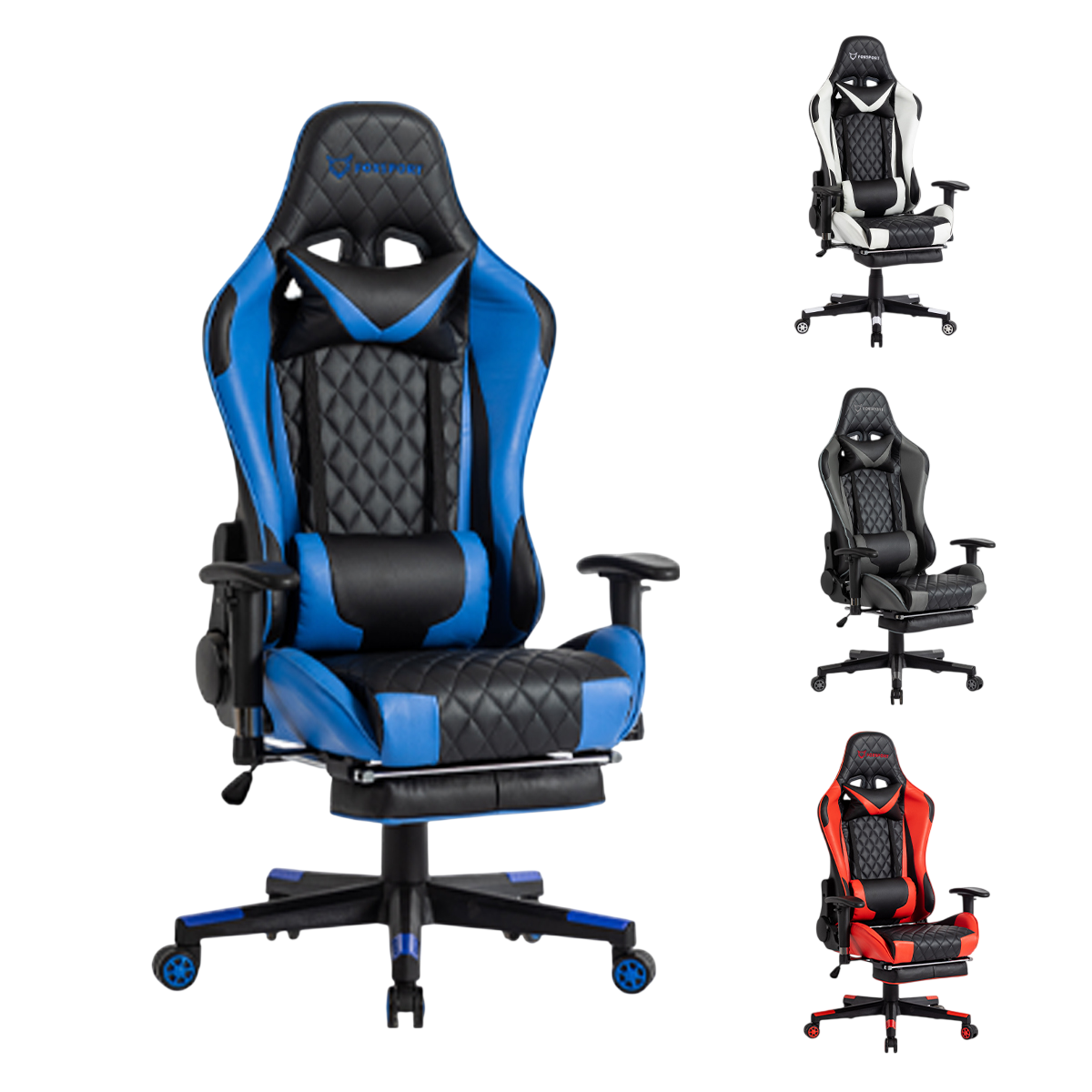 Ein blauer und schwarzer Gaming-Stuhl wird zusammen mit drei anderen Stühlen gezeigt. Die Stühle haben Räder und Armlehnen und stehen auf schwarzem Hintergrund.