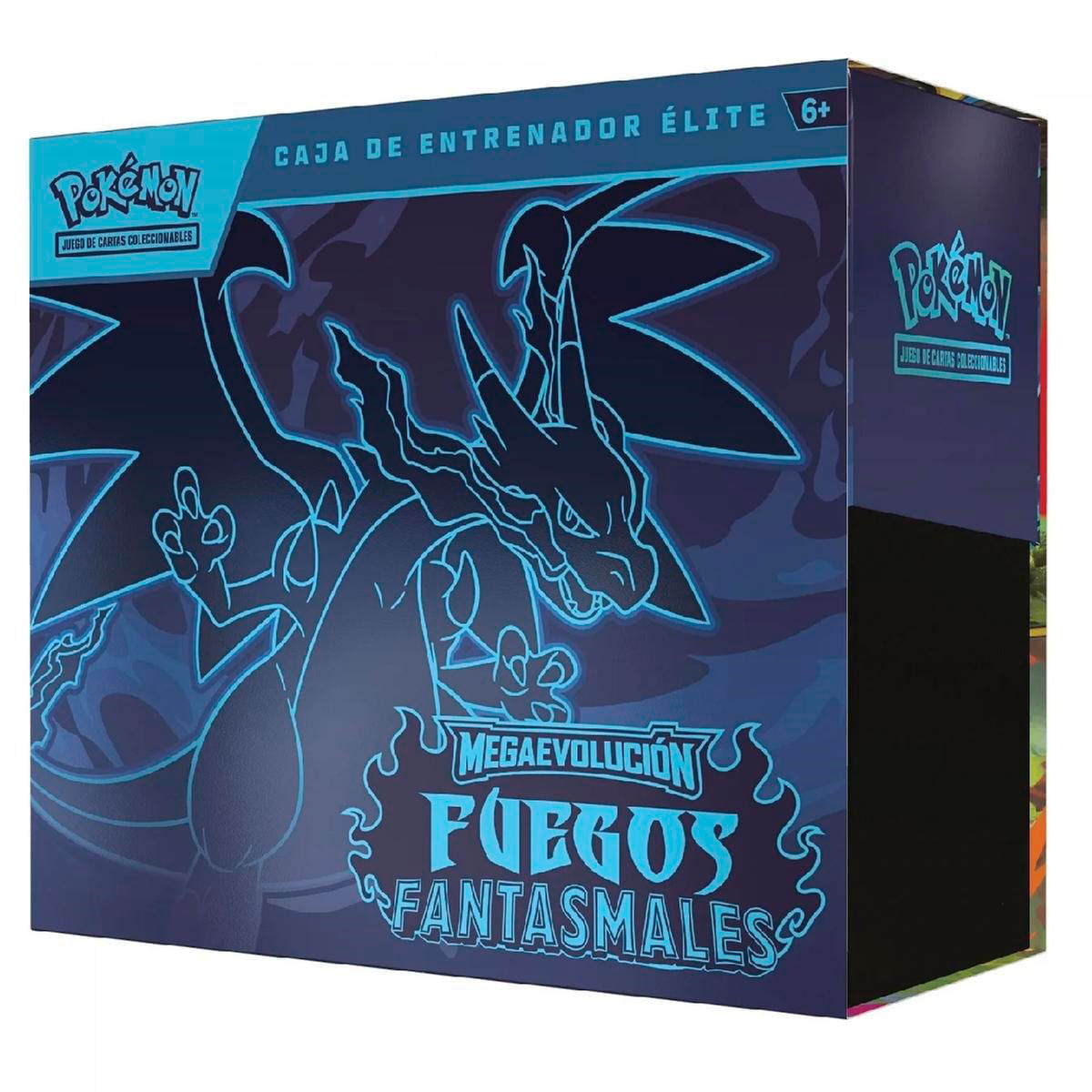 Arte de caja para un juego de cartas coleccionables Pokémon. Presenta una criatura azul con forma de dragón, con texto en español como 'Fuegos Fantasmales'.