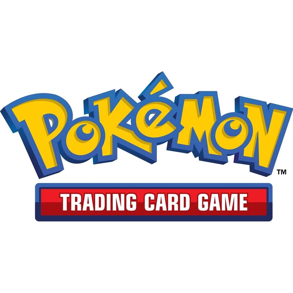 El logotipo del juego de cartas coleccionables Pokémon. La palabra "Pokémon" es amarilla y azul. "JUEGO DE CARTAS COLECCIONABLES" está en un rectángulo rojo y azul.