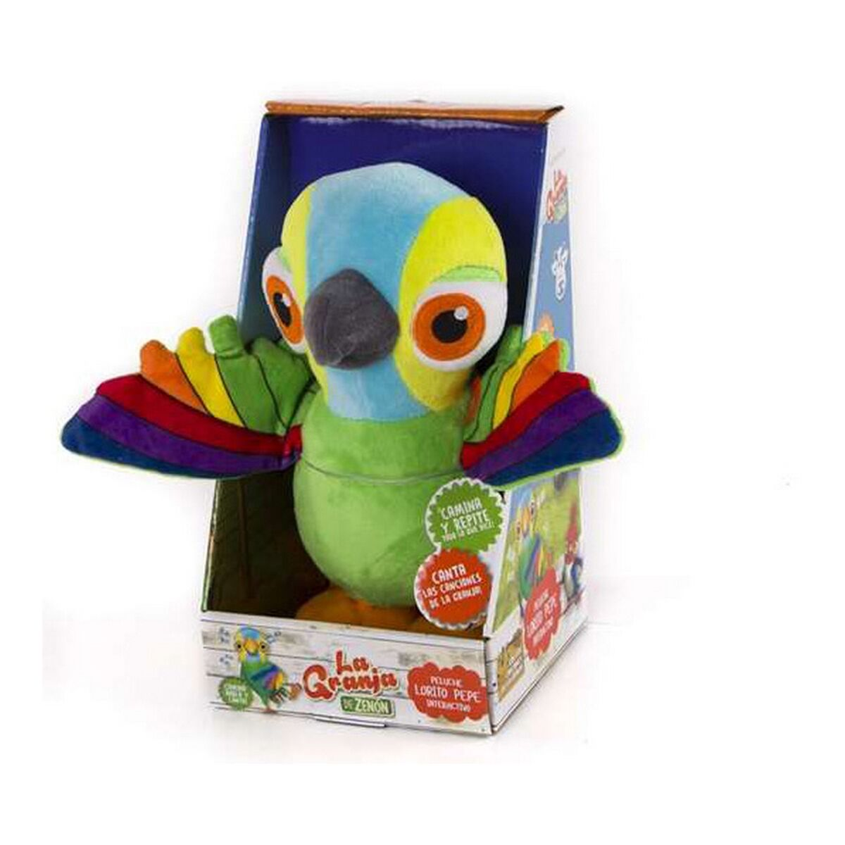 Un peluche de loro colorido en su caja. Tiene alas de arcoíris, cuerpo verde y está etiquetado como 'La Granja de Zenon'.