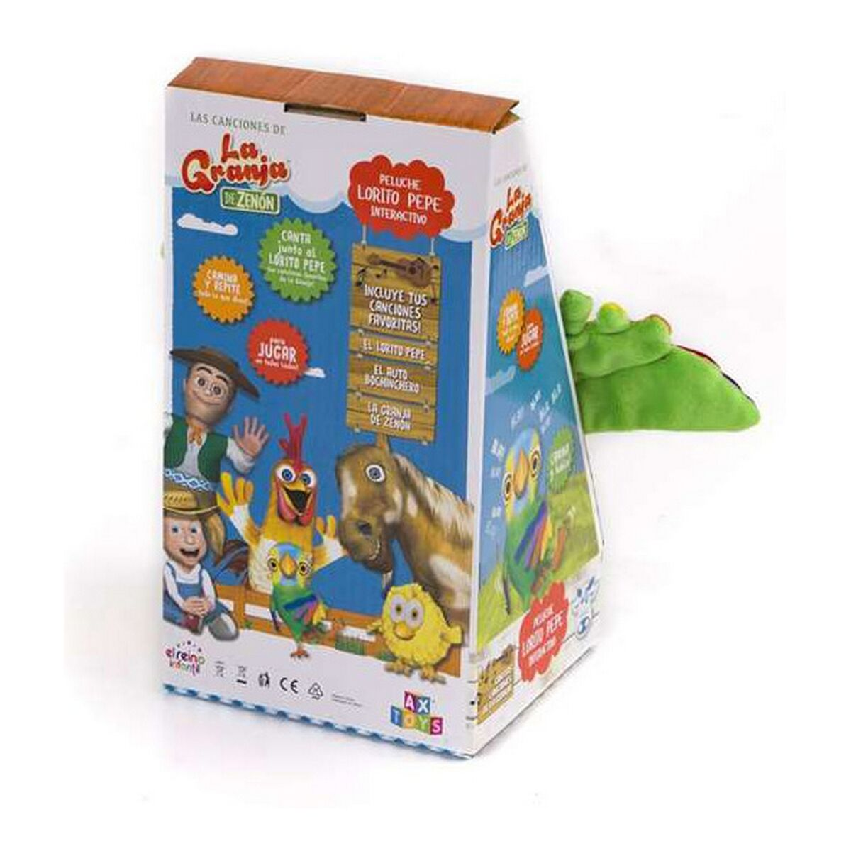 Una caja con personajes de dibujos animados, un loro de peluche verde y texto en español. La caja dice "La Granja de Zenon".