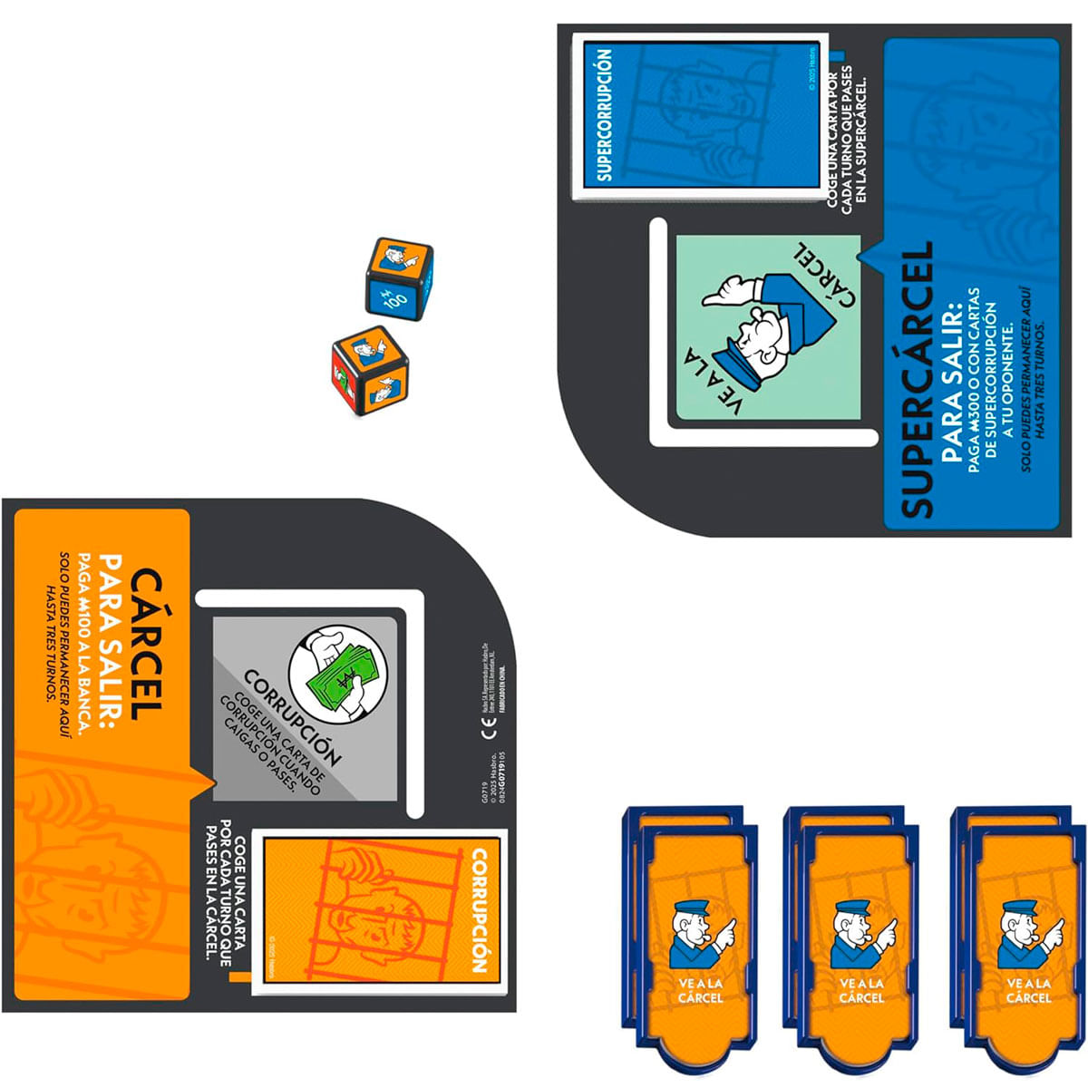 Un juego de mesa con dados, cartas y tablero. El tema es la corrupción y la cárcel.