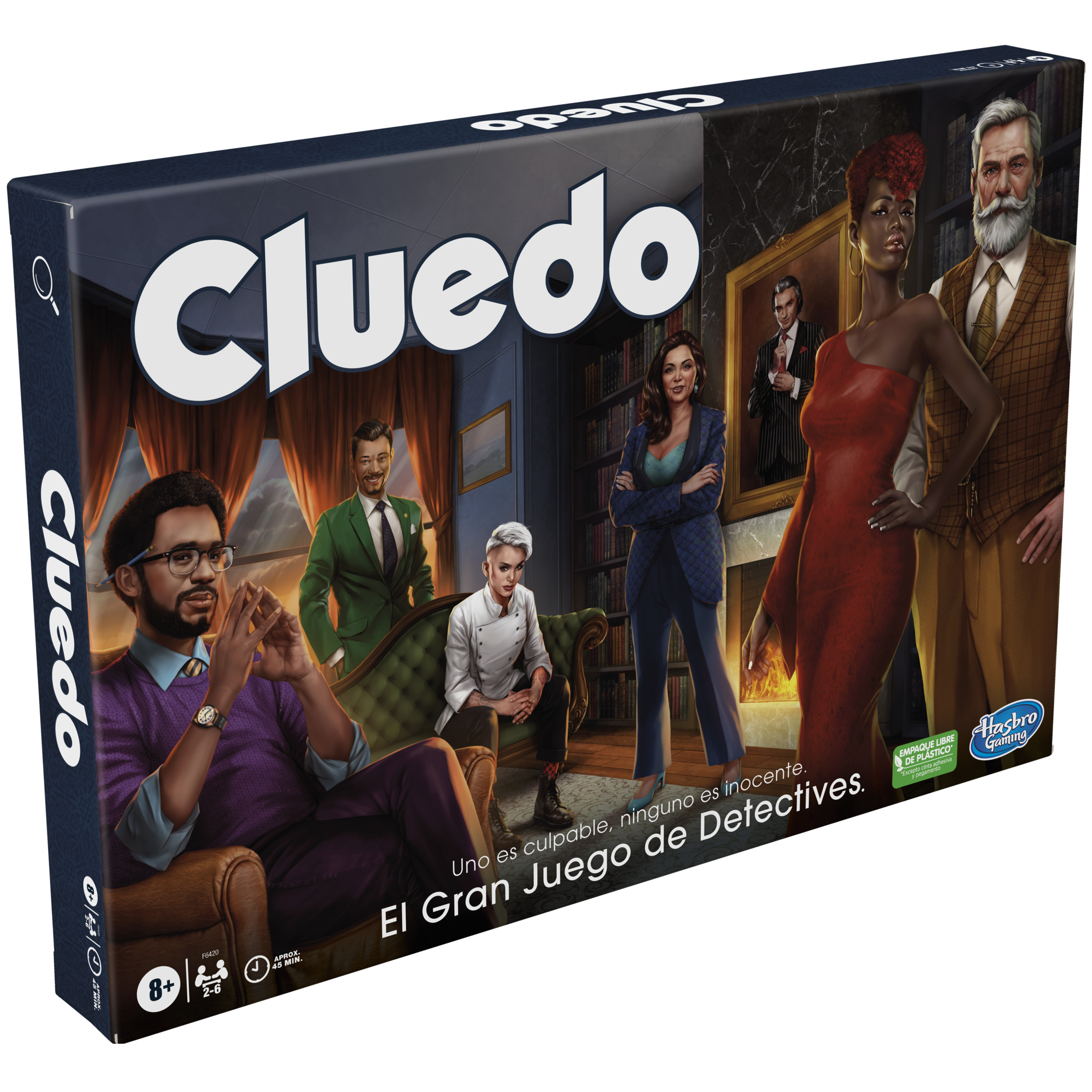 Caja del juego Cluedo. Personajes con varios atuendos están en la portada. El título del juego está en letras blancas y en negrita.