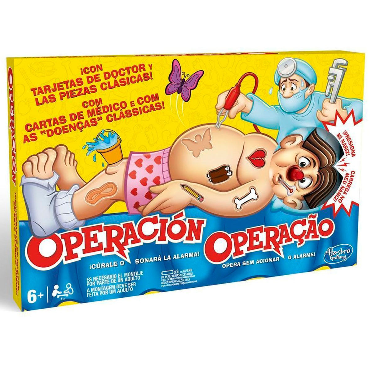La caja del juego Operación presenta un paciente de dibujos animados. Una figura de médico está en la parte superior derecha. El nombre del juego es rojo.