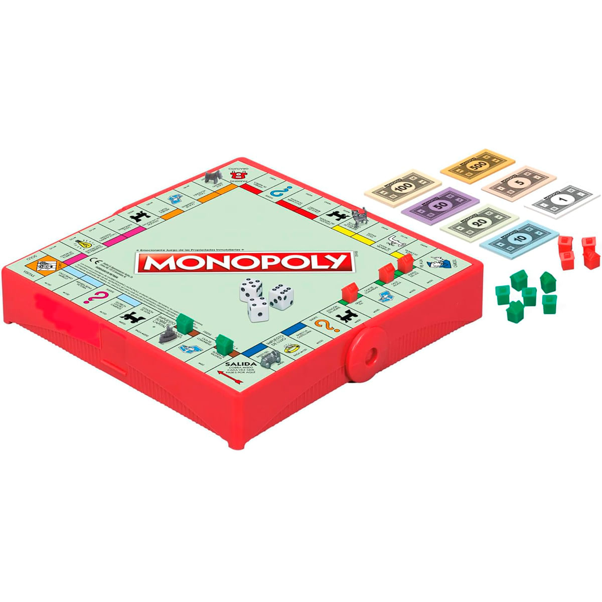 Un juego de mesa Monopoly con dados, casas, hoteles y dinero de juego. El tablero es rojo y verde.