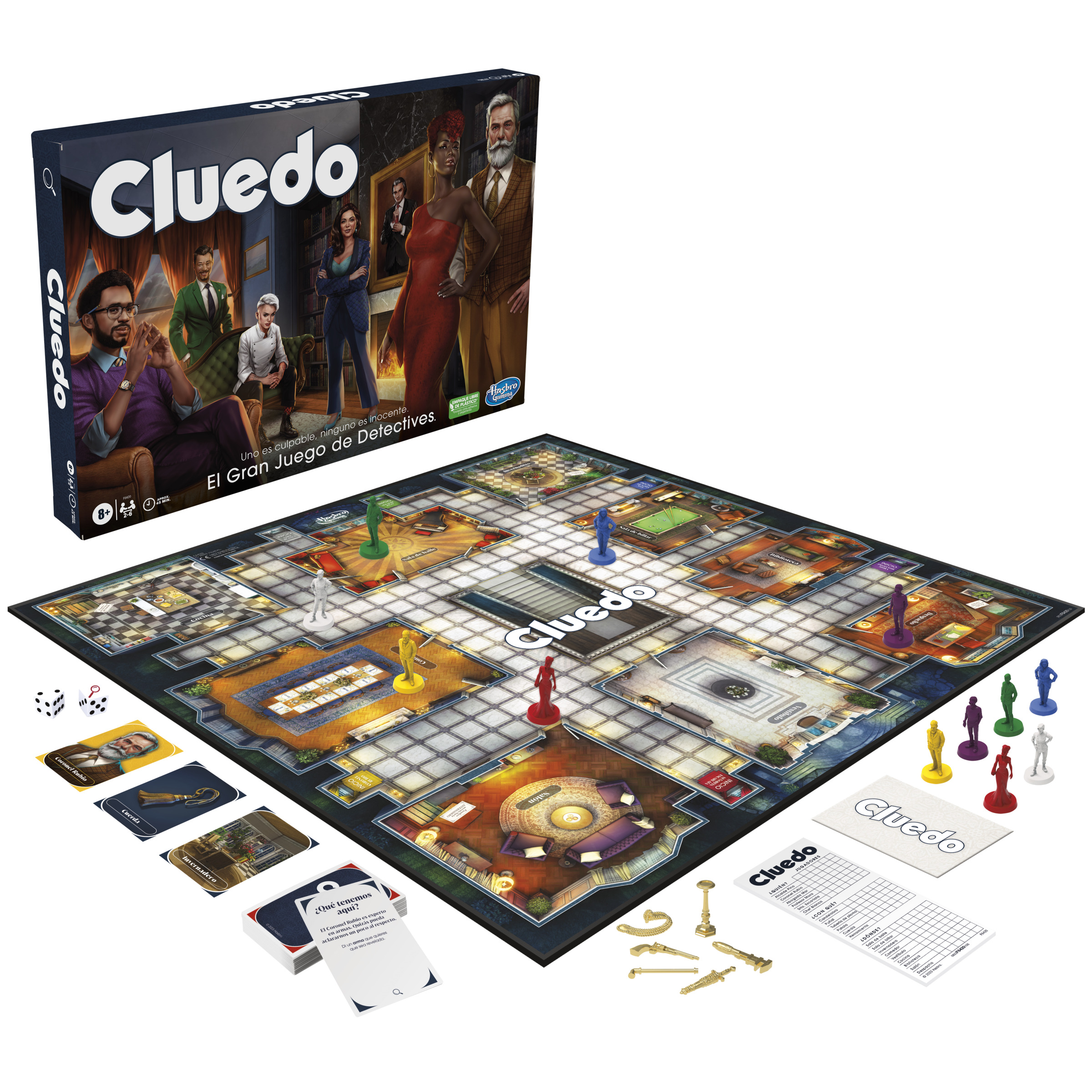 Juego de mesa Cluedo con piezas, cartas, dados y caja. Personajes en la caja. El tablero muestra habitaciones.