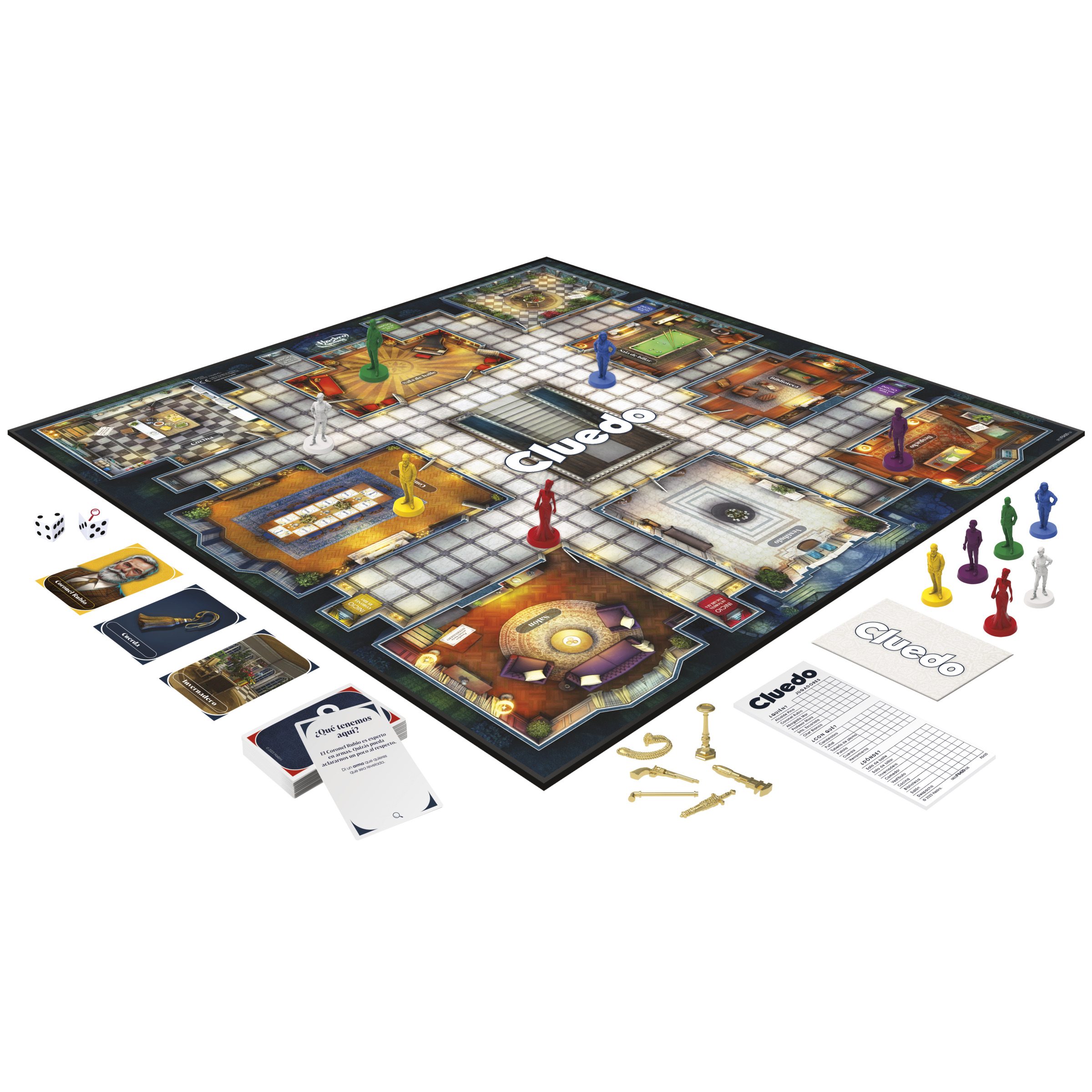 Juego de mesa Cluedo con habitaciones, figuras, cartas y dados. El tablero es el elemento central.