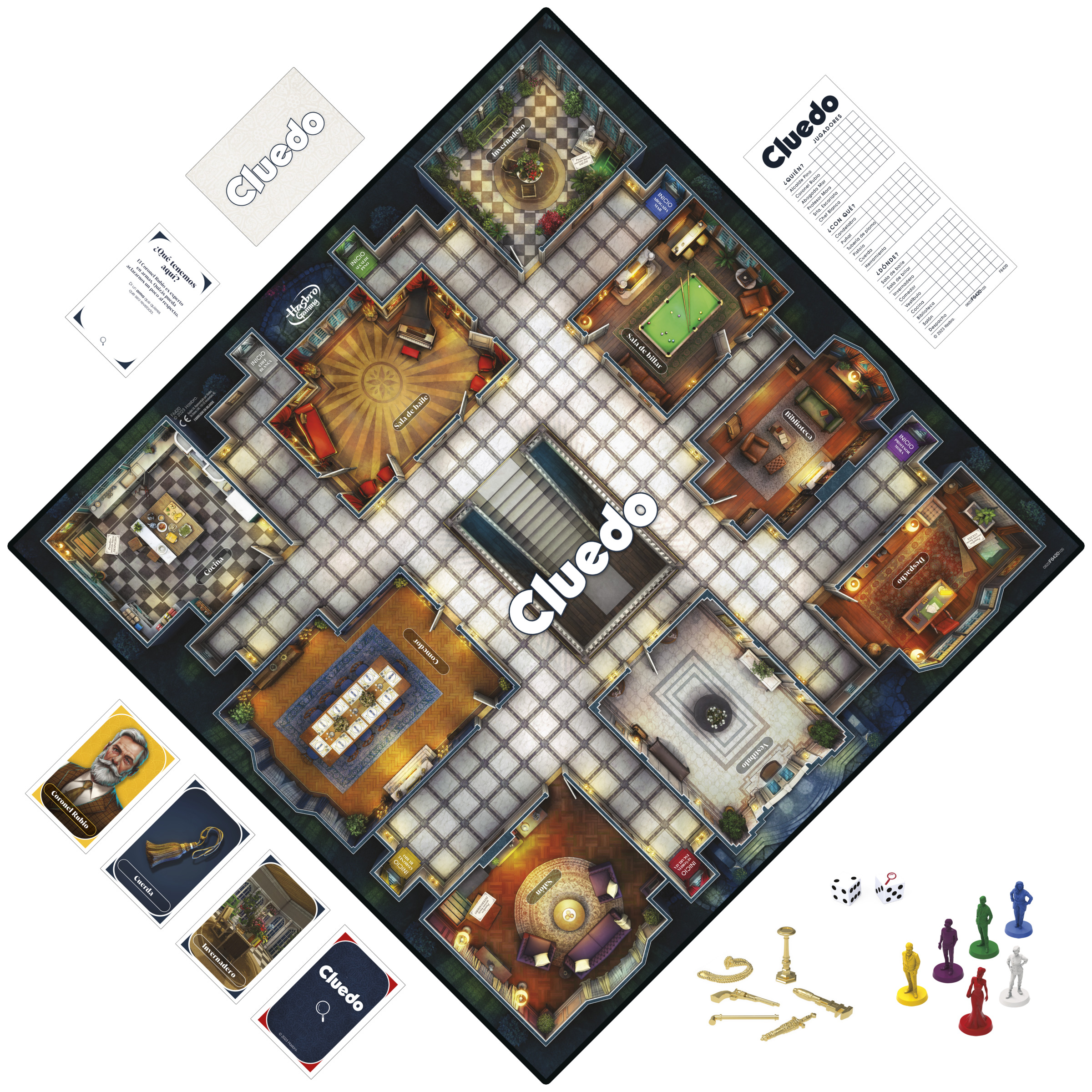 Juego de mesa Cluedo con habitaciones, cartas, dados y fichas de jugador. El diseño muestra habitaciones y pistas.