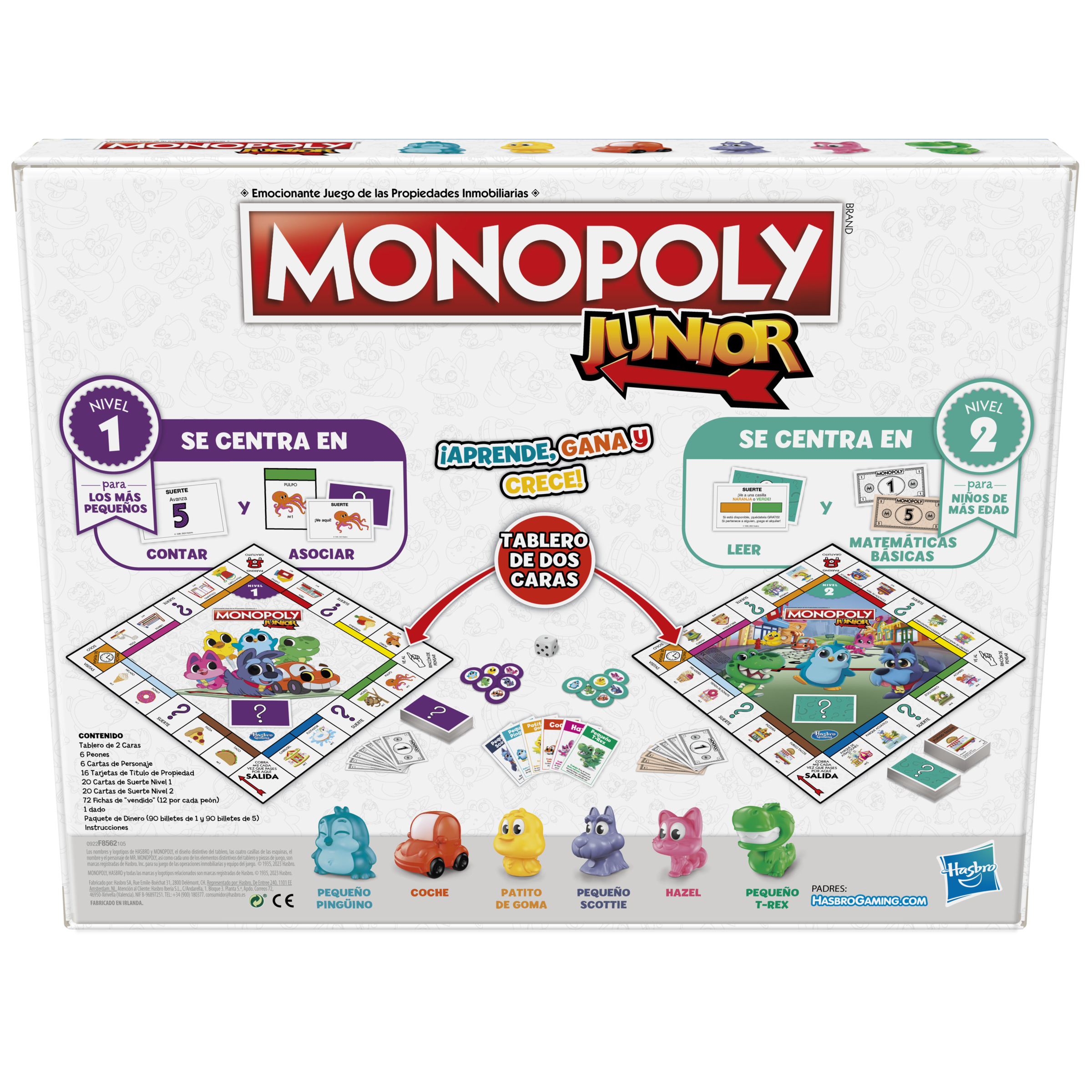 Caja del juego de mesa Monopoly Junior. Incluye piezas del juego e instrucciones. Cuenta con gráficos y texto coloridos.