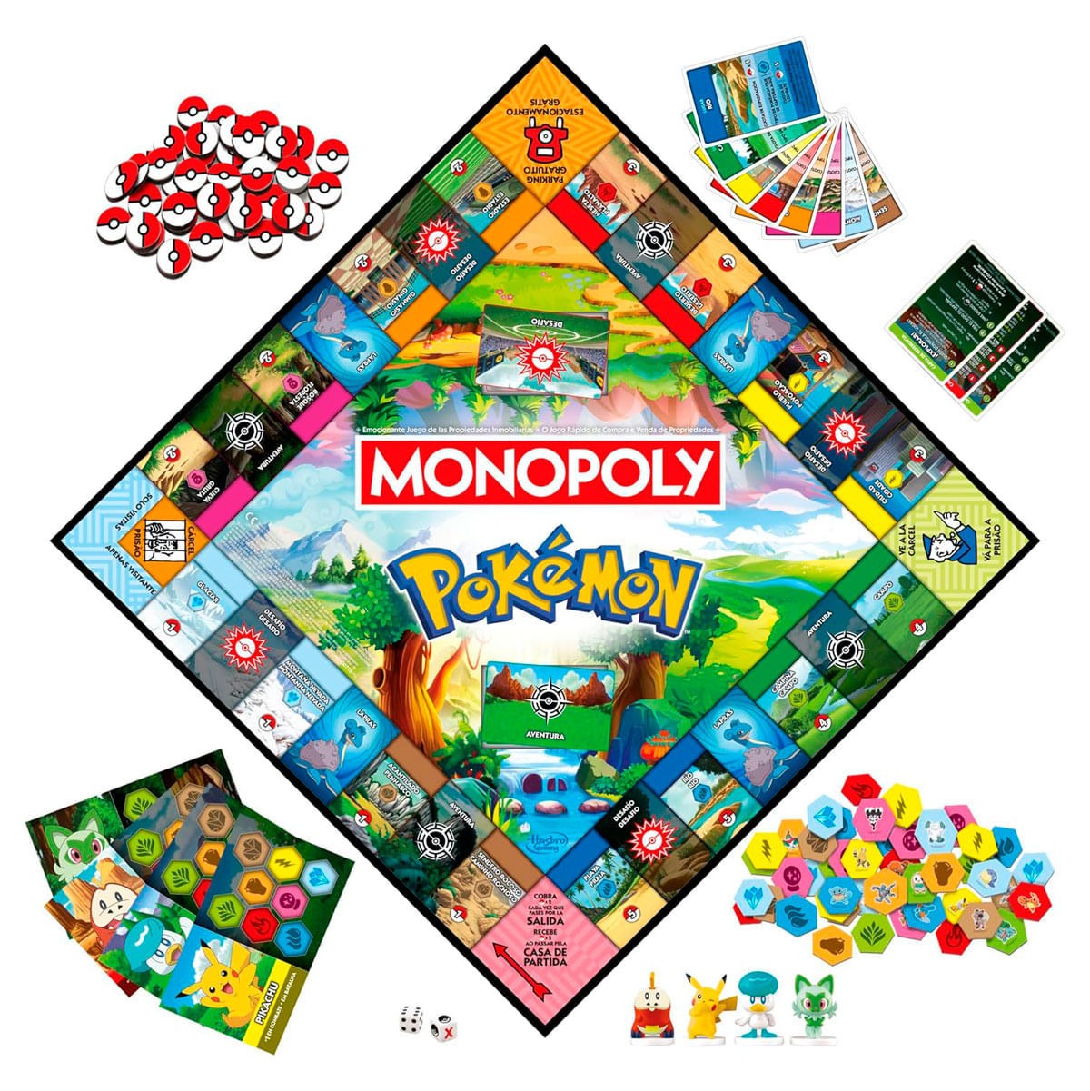 Un juego de mesa Monopoly Pokémon con fichas, cartas, dados y figuras de personajes. El tablero es el foco principal.
