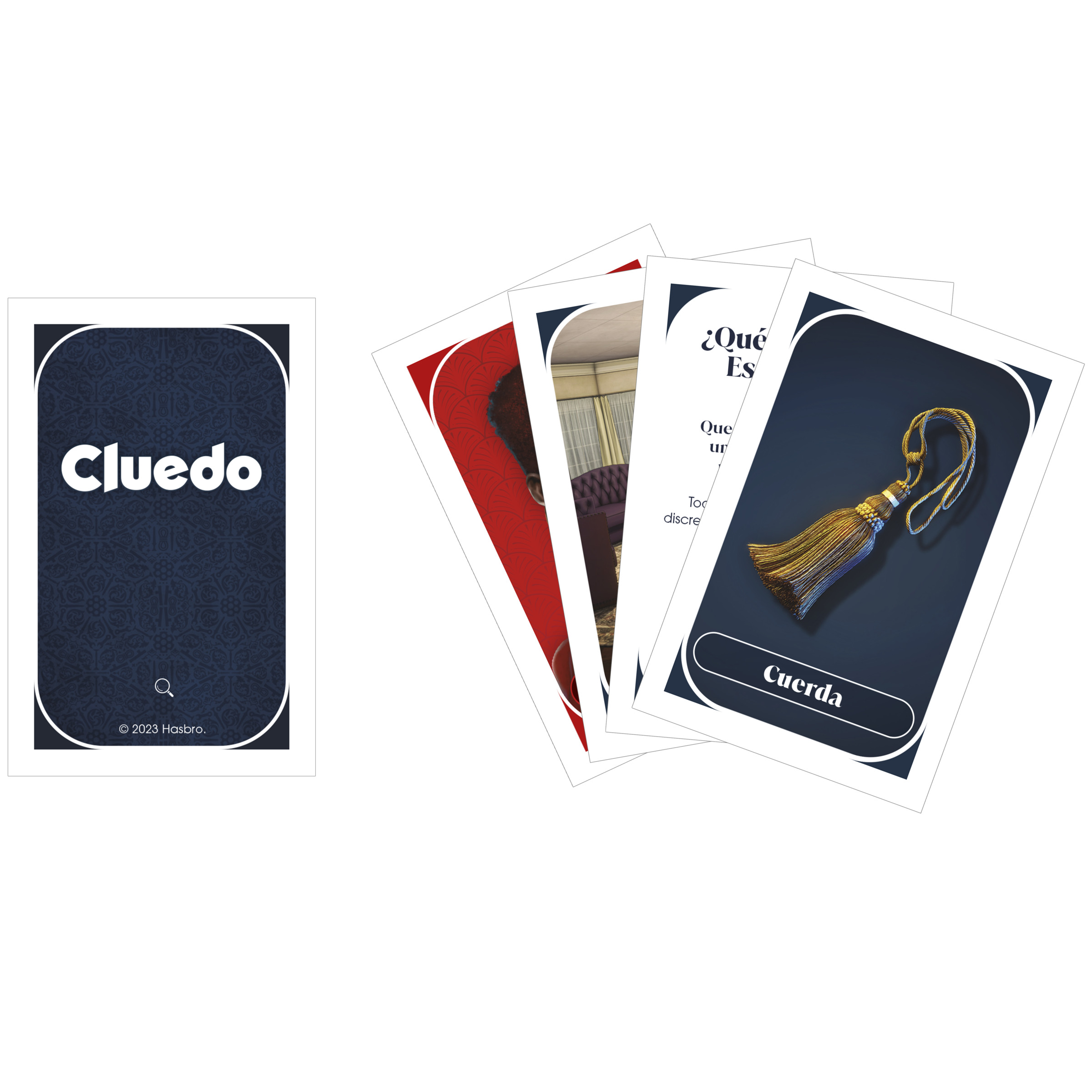 Cartas del juego Cluedo. Una carta tiene el logo de Cluedo. Otras muestran una habitación, una persona y una cuerda.