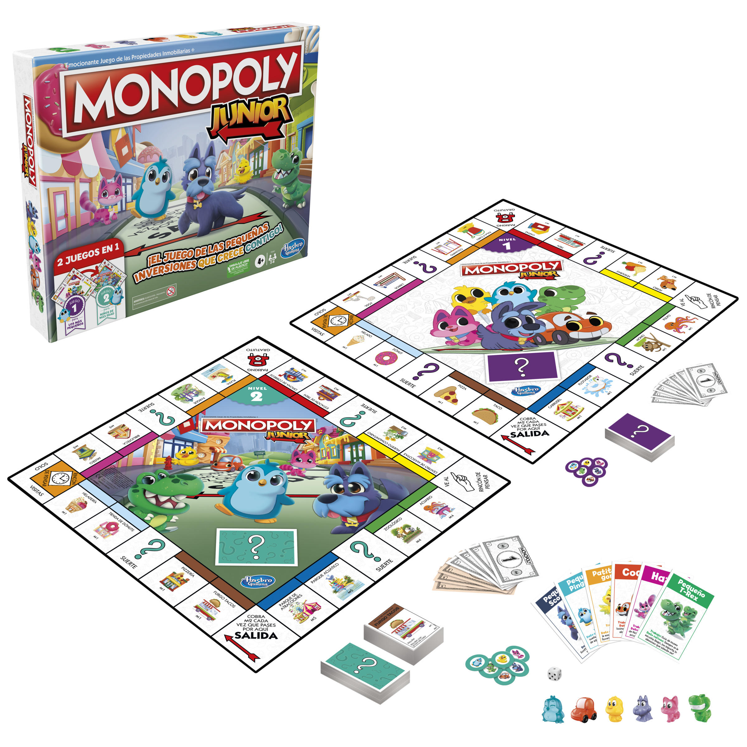 Caja y tableros del juego Monopoly Junior con personajes de dibujos animados y piezas.