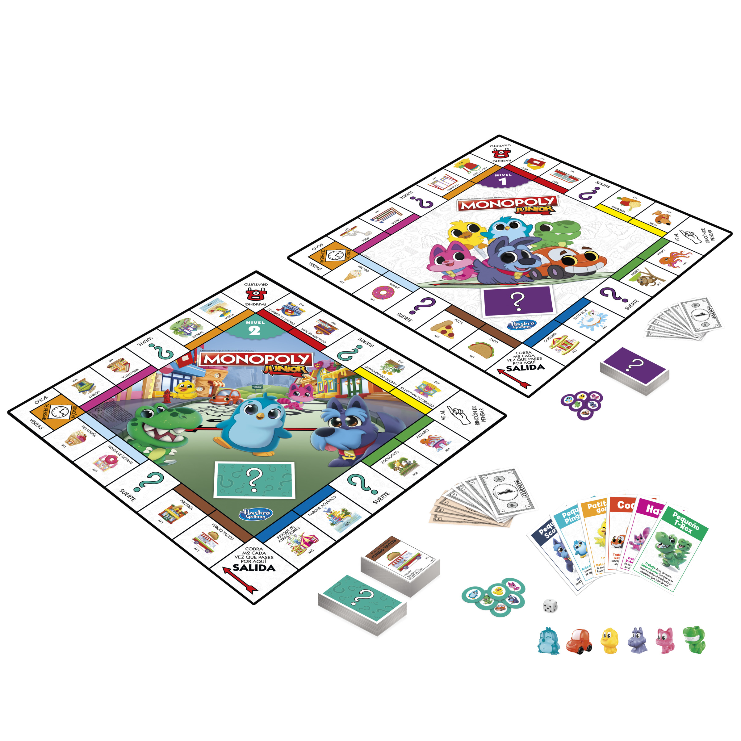 Juego de mesa Monopoly Junior. Dos tableros, dinero, cartas, dados y fichas de personajes. Colorido.