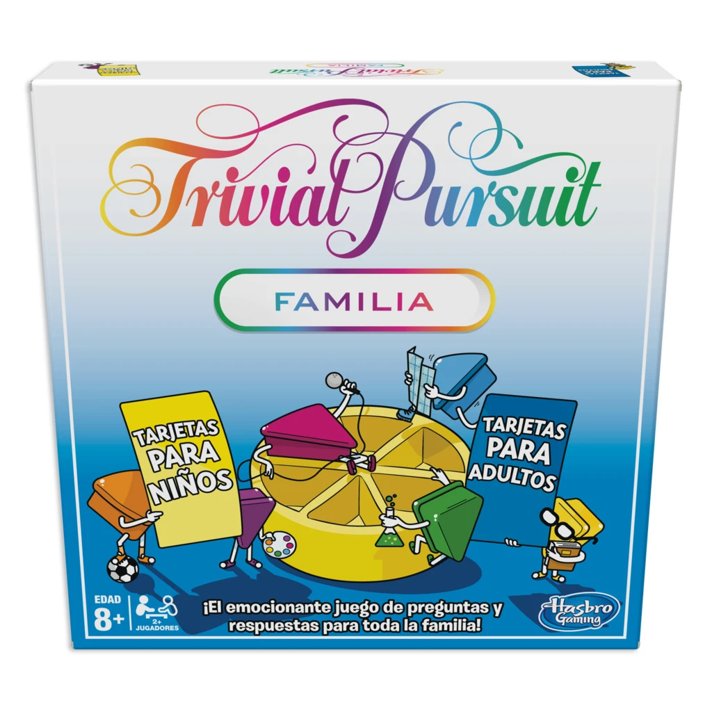 Caja del juego de mesa Trivial Pursuit con diseño colorido y personajes de dibujos animados. El texto dice 'Familia' y 'Tarjetas para niños/adultos'.