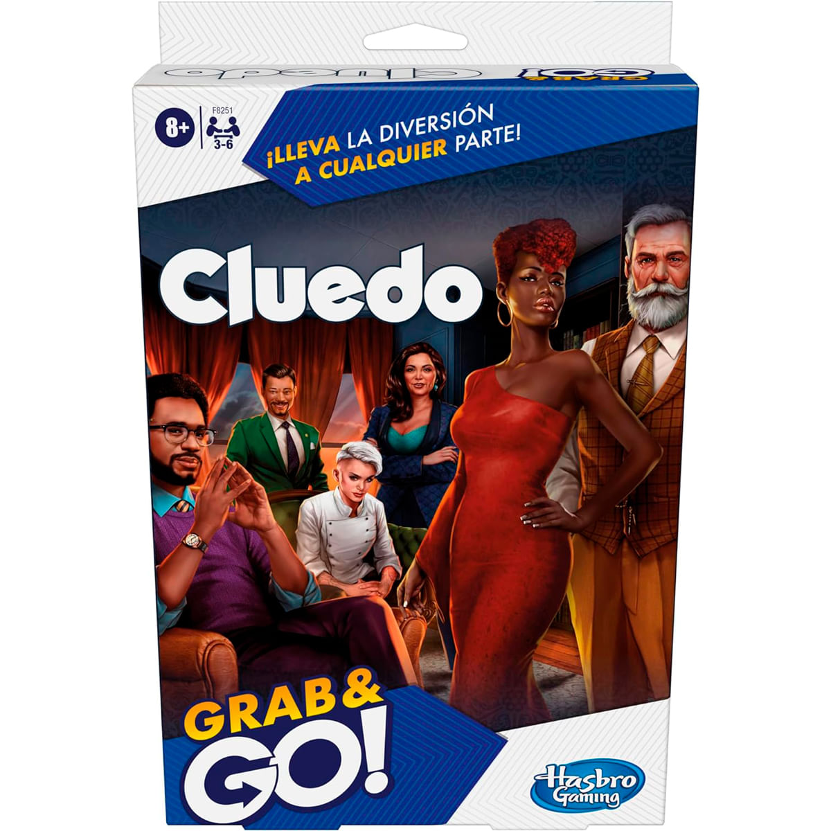 Caja del juego de mesa Cluedo con personajes. Una mujer con vestido rojo, un hombre con gafas y otros están en la portada. Las palabras "GRAB & GO!" son visibles.